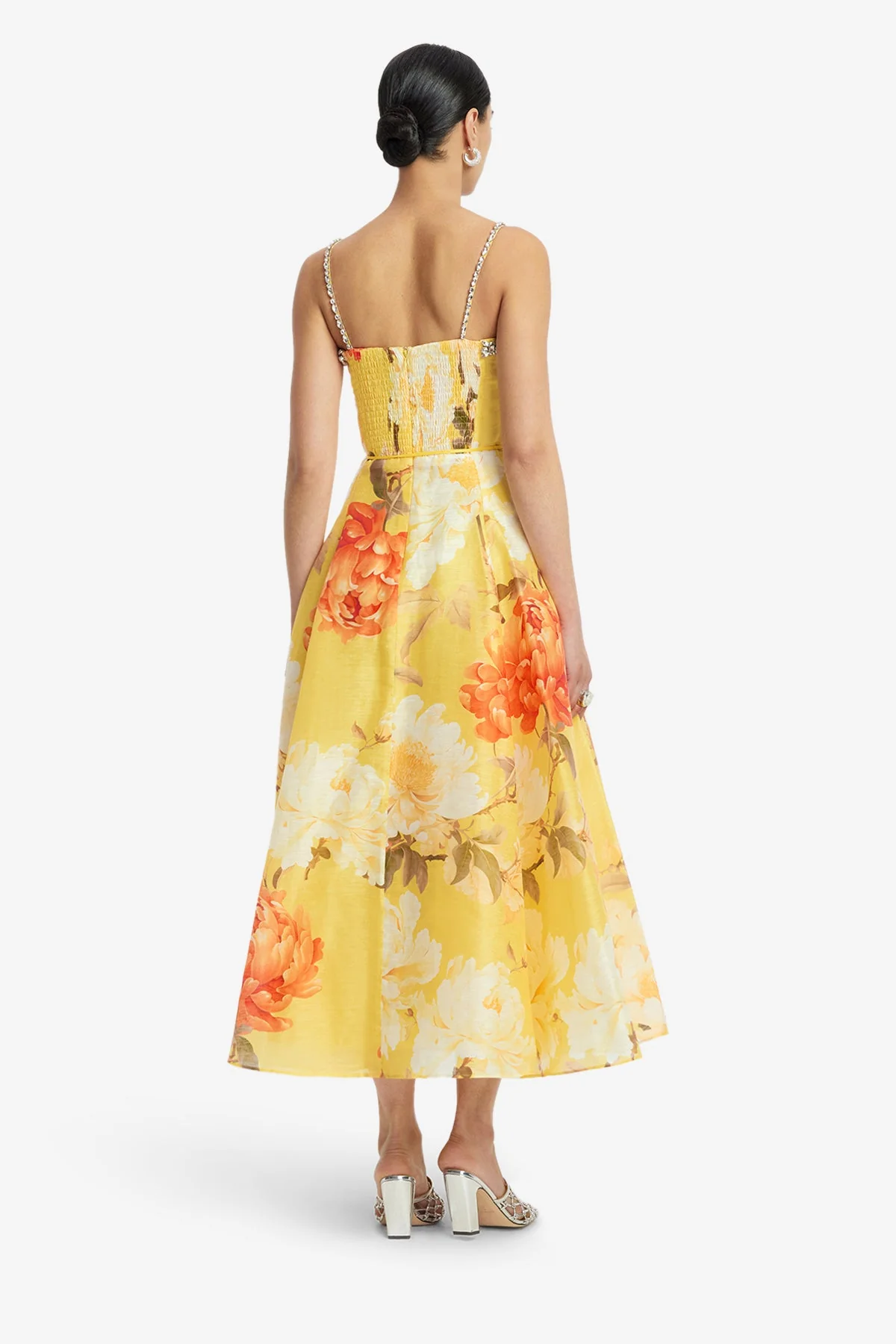 Mariela Embellished Midi Dress - Peony Print in Yellow