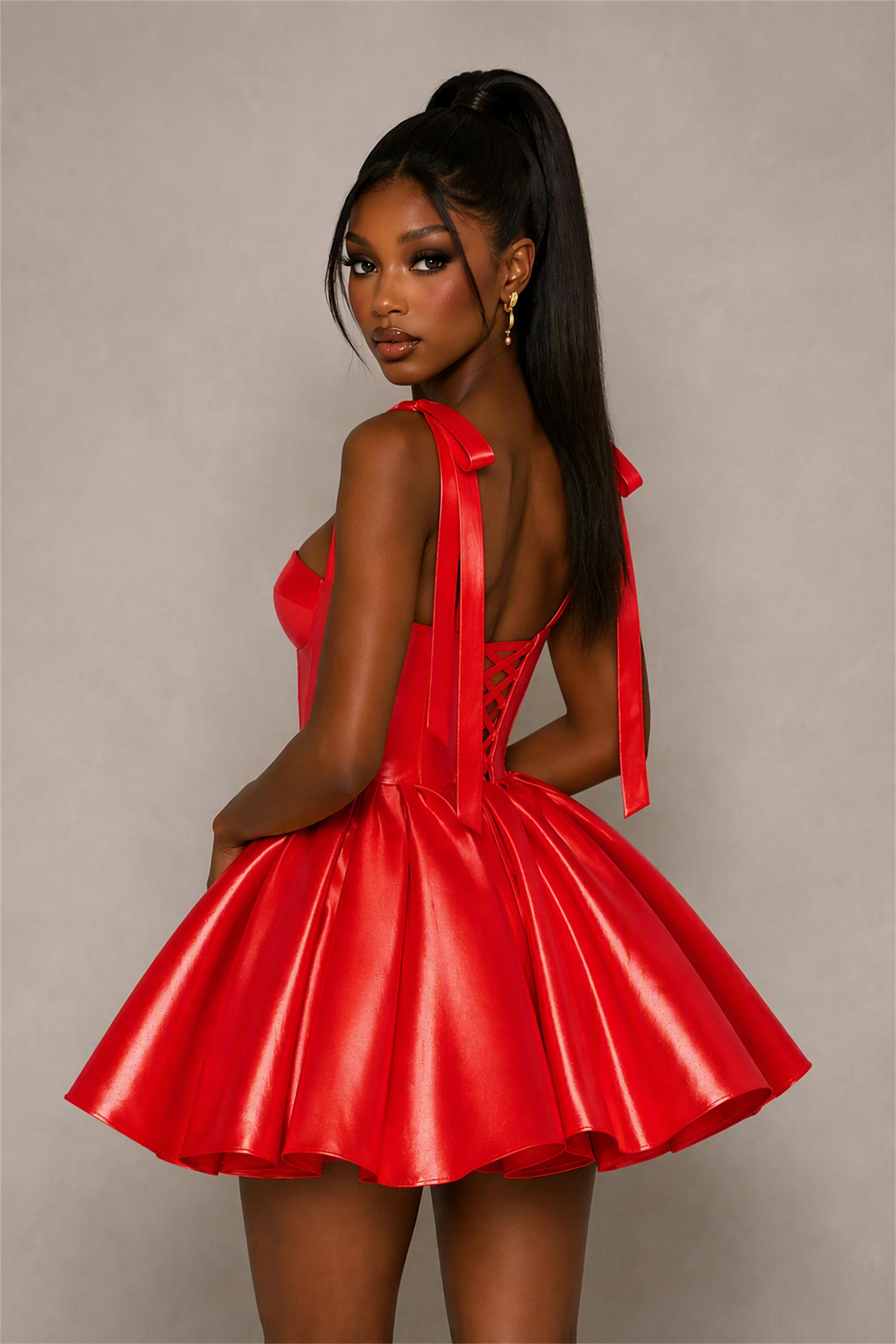BOLODOO Red Satin Sweetheart Corset Bow Strap Lace-Up Open Back Full Skirt Mini Dress | Prom Cocktail Party Dress