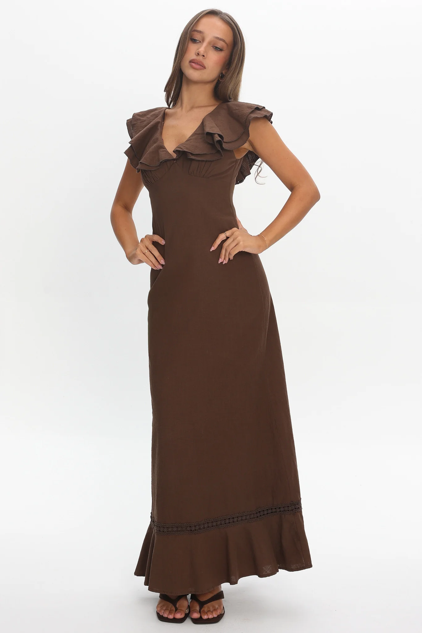 Anohana Ruffle Maxi Dress Chocolate - luluinthesky