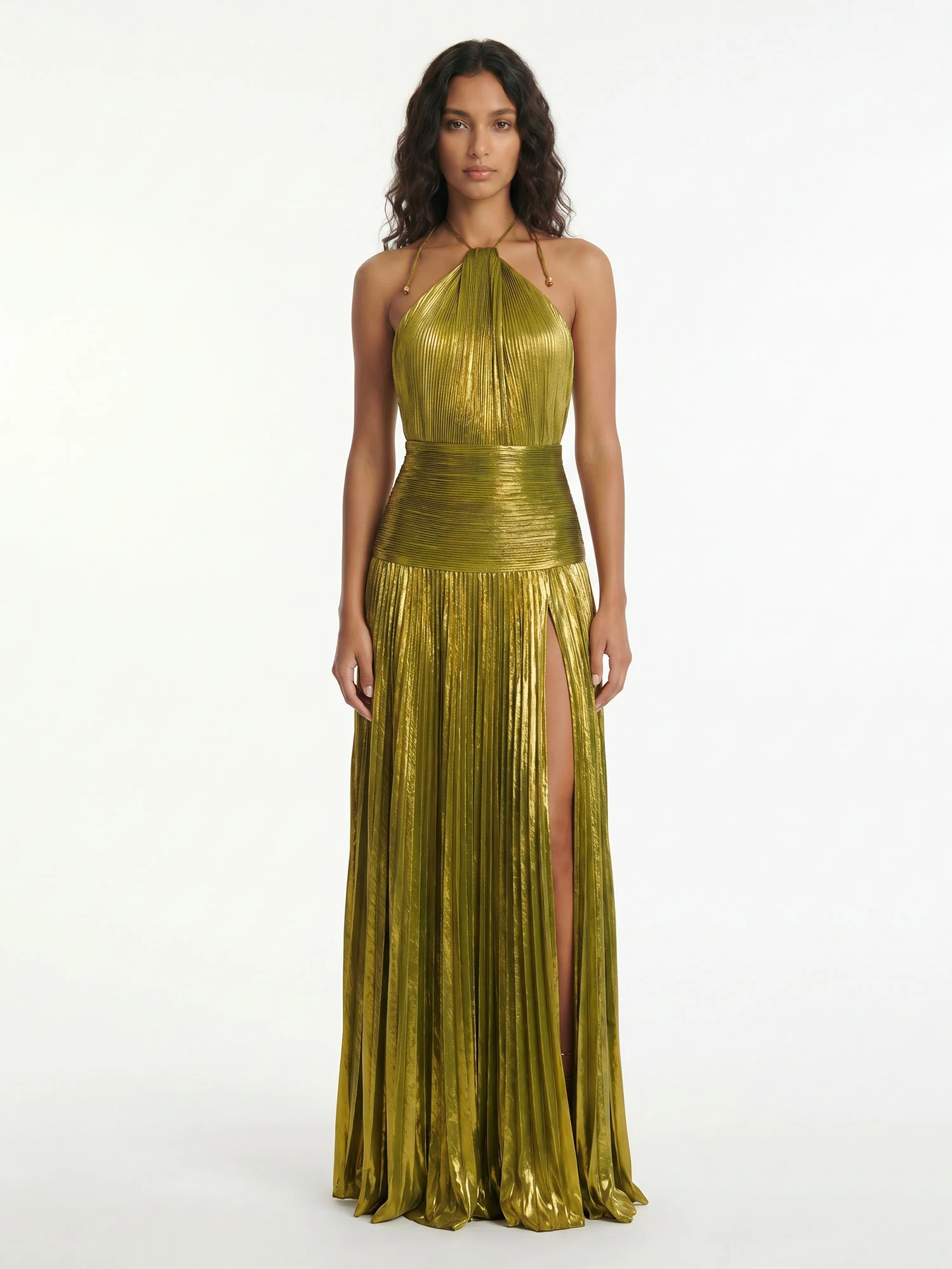 Olive Pleated Halter Maxi Dress