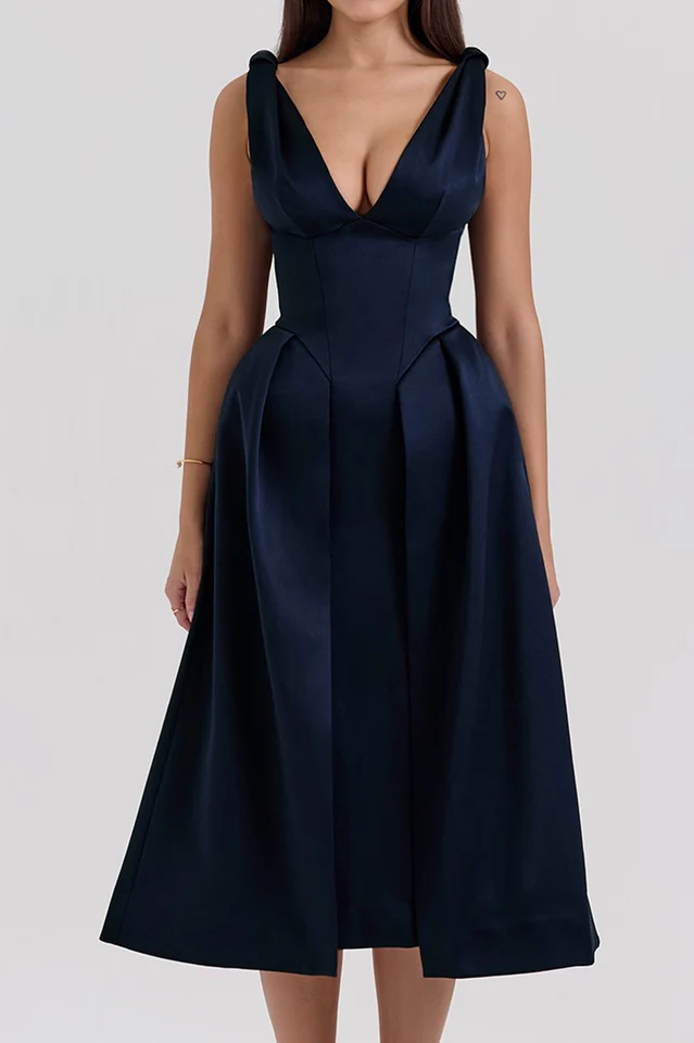 Deep V Neck Cinch Waist Satin Midi Dress