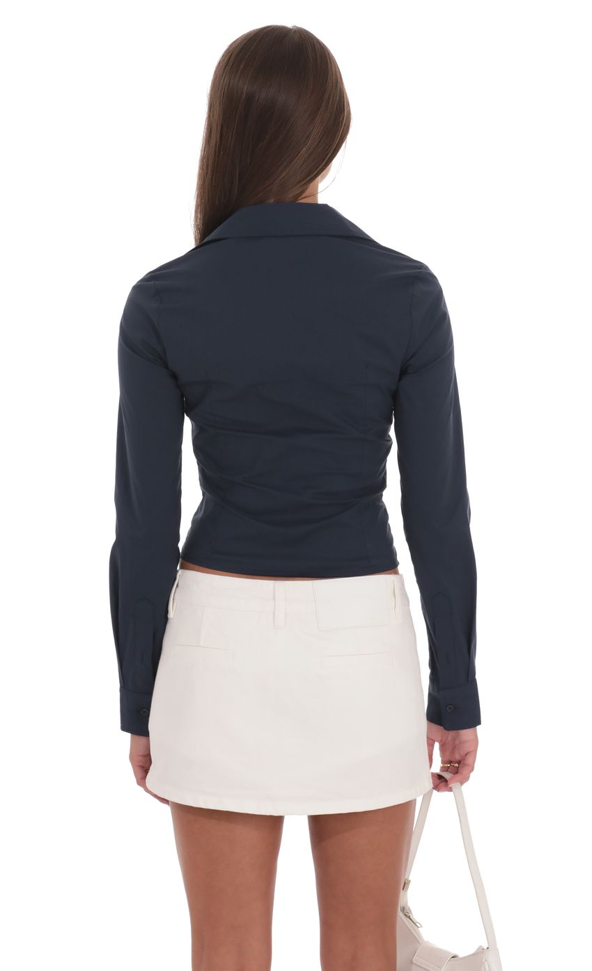Ruched Button-Up Shirt in Navy