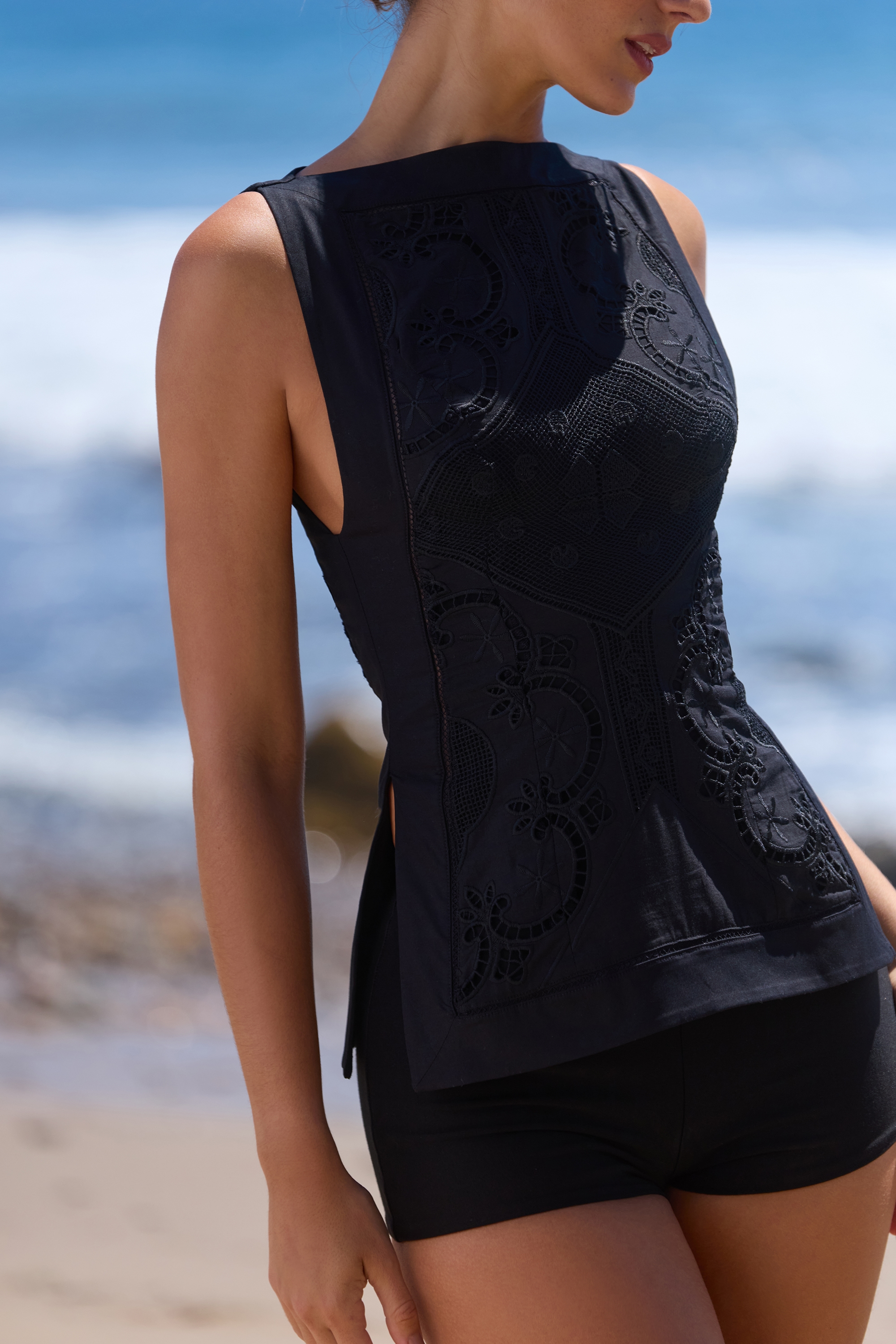 Black Cotton Placement Lace Broderie Anglaise Boat Neck Top