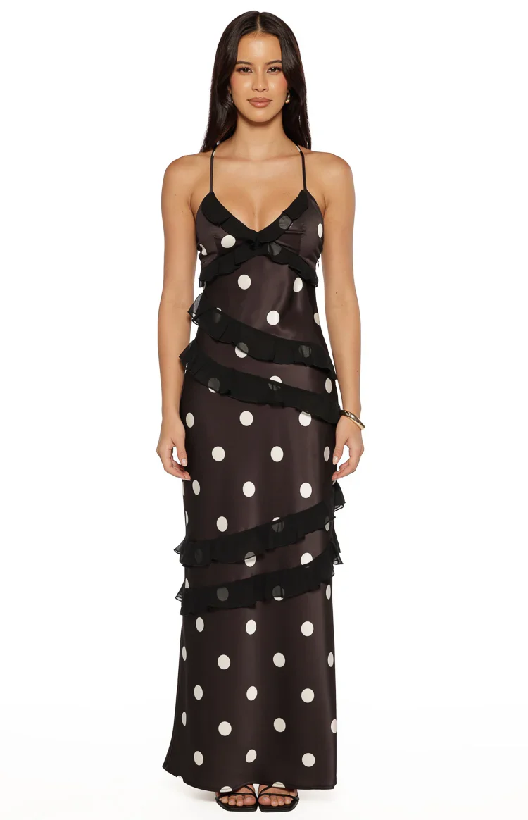 Inara Black Polka Dot Ruffle Maxi Dress