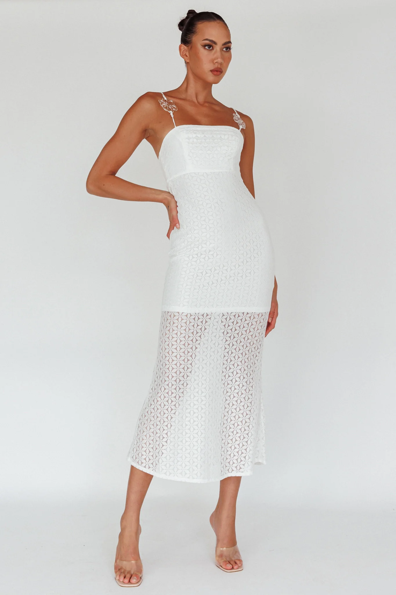 Lazy Daisy Flower Strap Midi Dress White