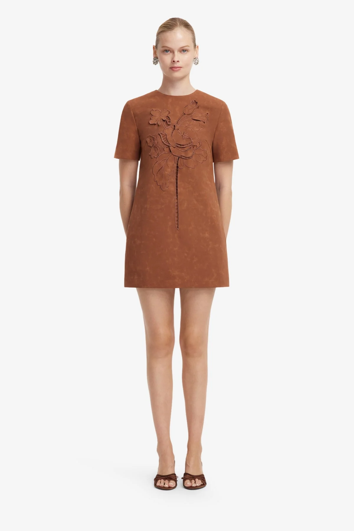 Alexa Appliqué Vegan Suede Tshirt Mini Dress - Chestnut