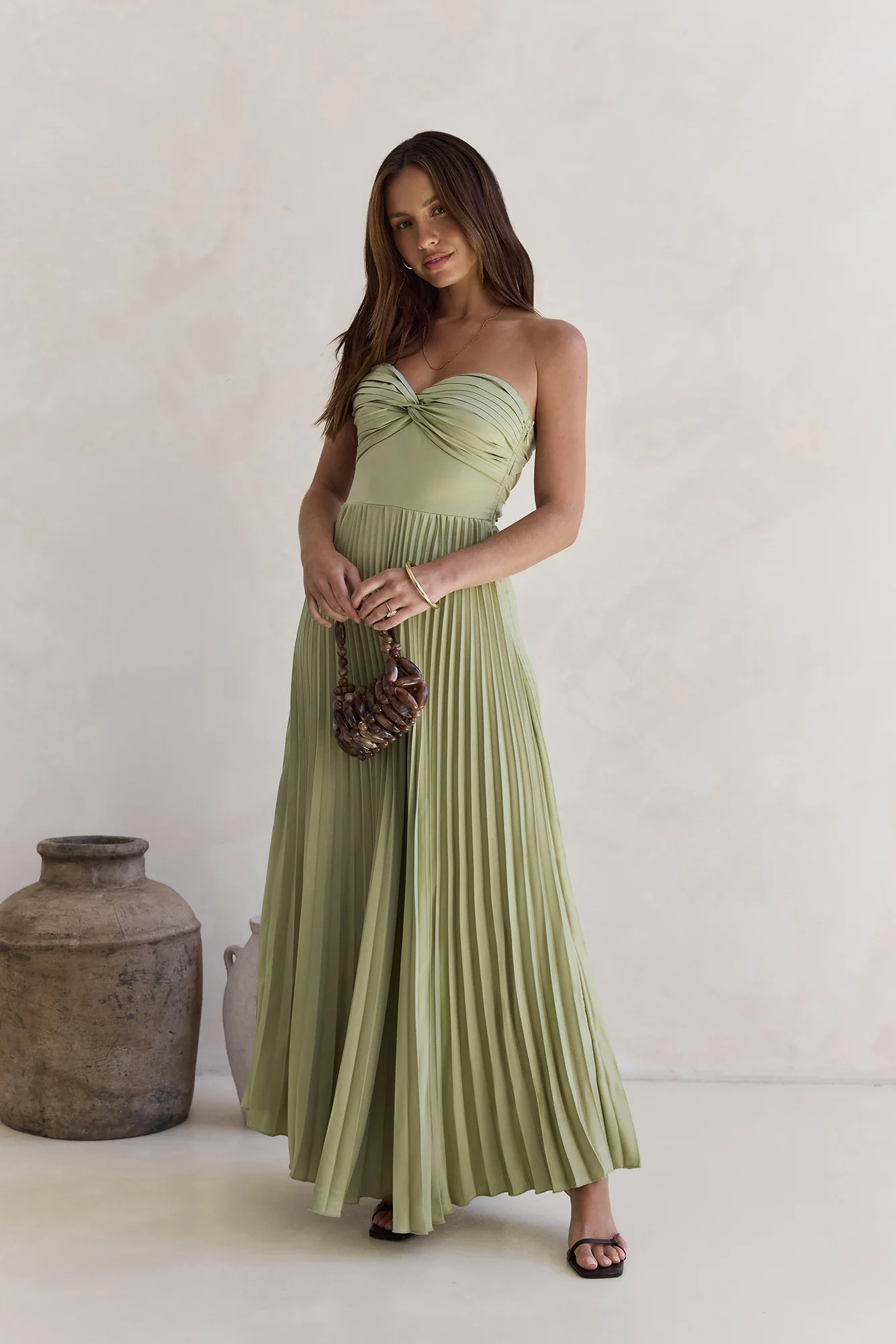 Decades Ago Plisse Strapless Maxi Dress Green