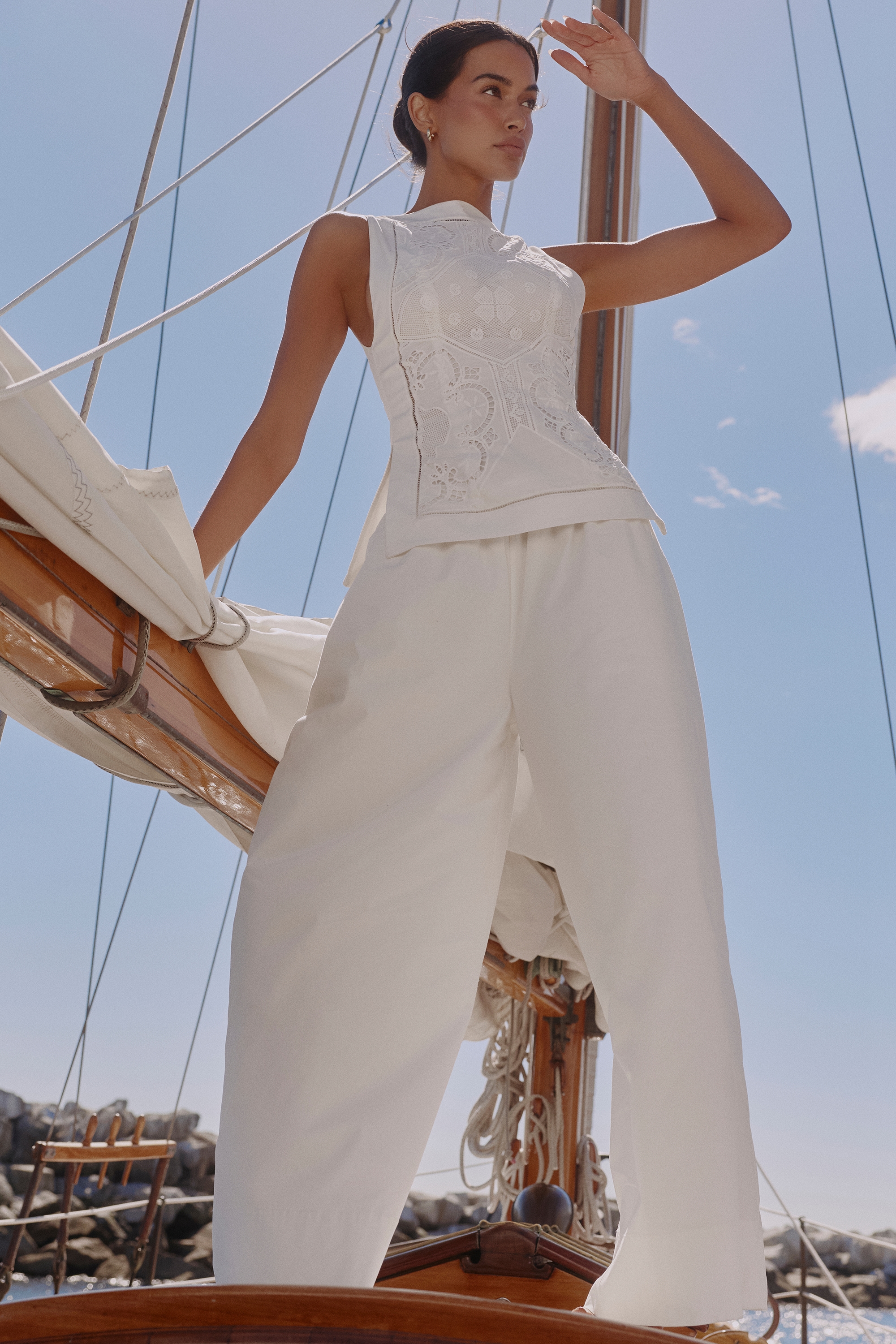 white cotton wide leg trousers