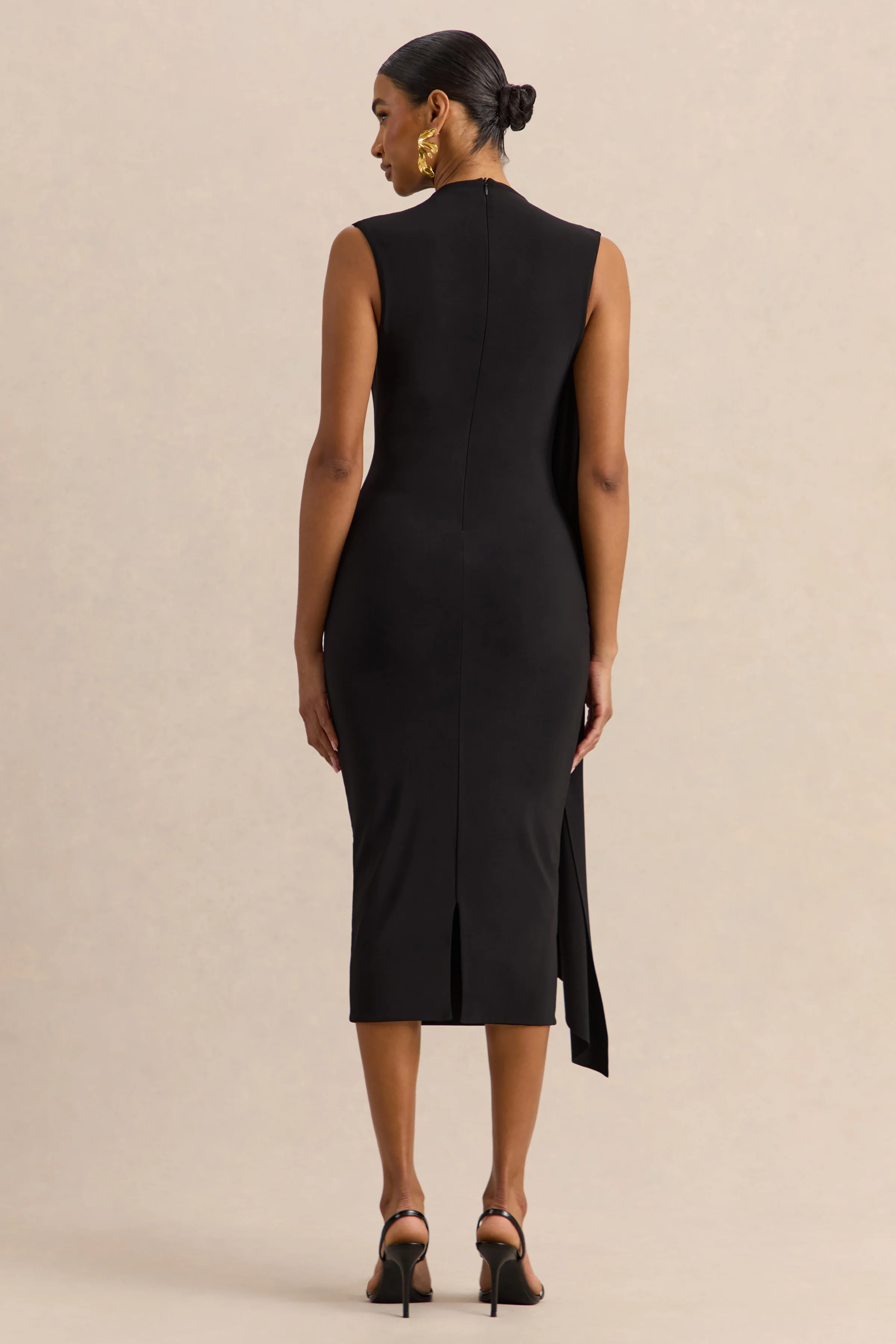 Oleandra | Black High-Neck Midi-Dress With Draped-Detail