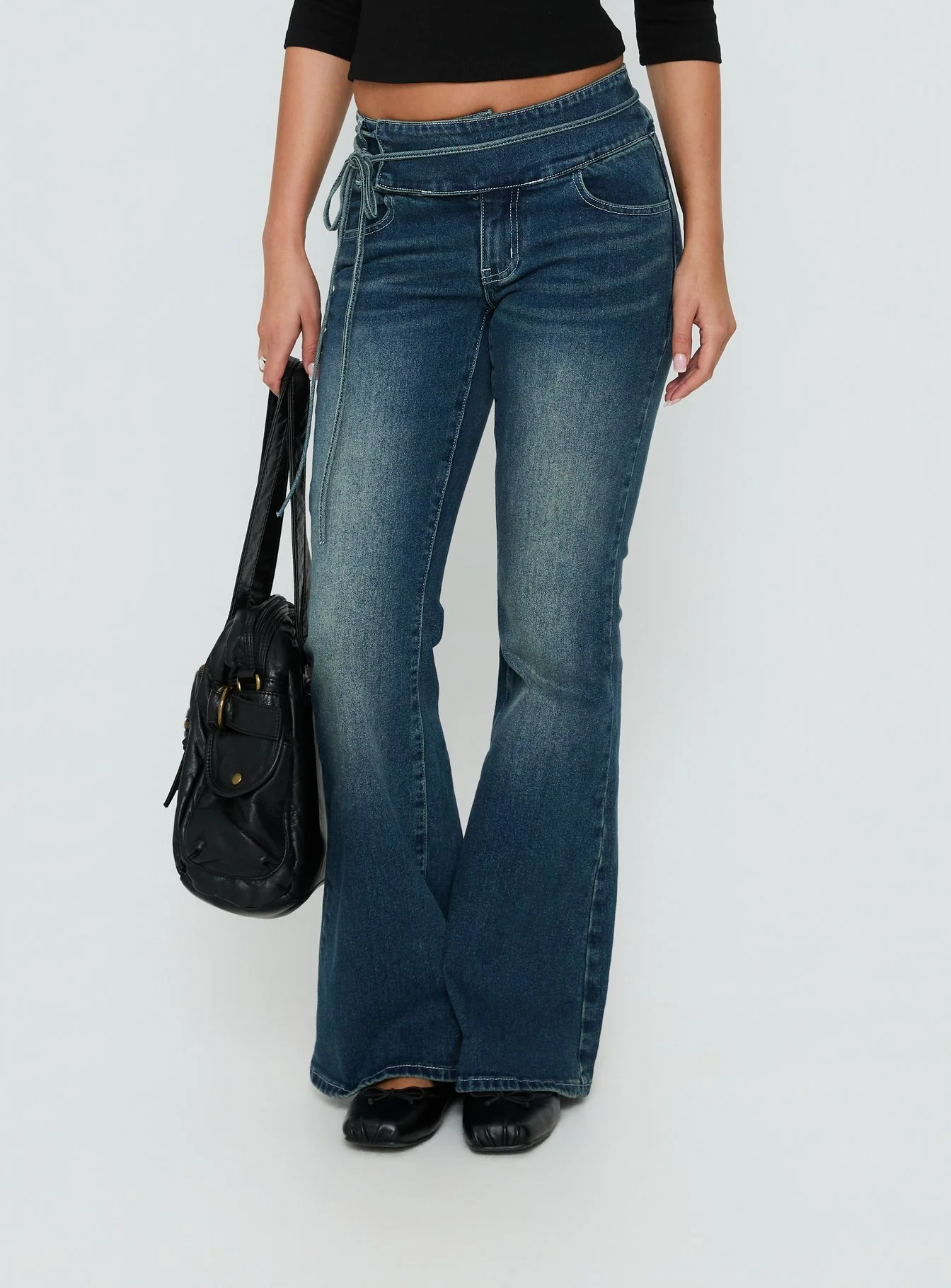Runa Low Rise Bootleg Tie Side Jeans Mid Blue Wash