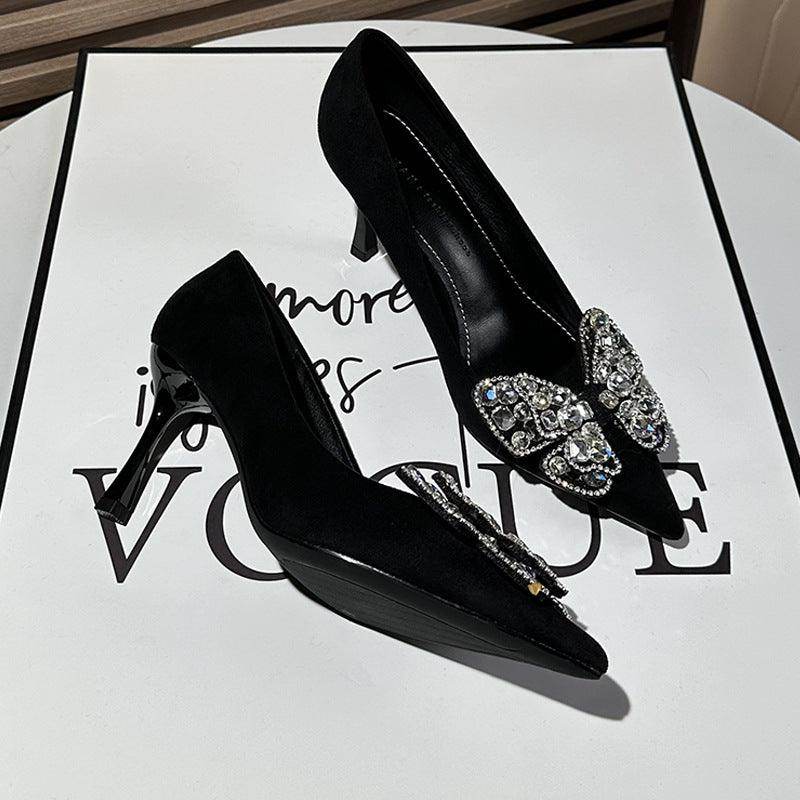 Black Suede Rhinestone Bowknot Pointy Stiletto Heels 770222542136