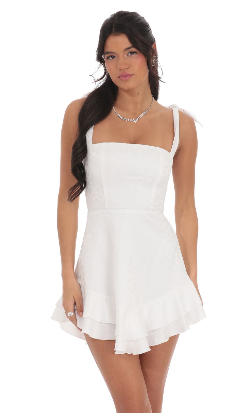 Floral Jacquard Ruffle A-line Dress in White