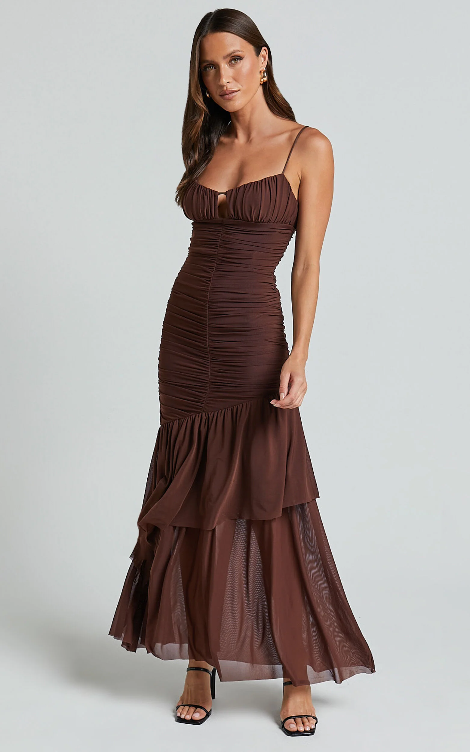 Harlene Maxi Dress- Ruched Mesh Frill Hem Dress in Chocolate