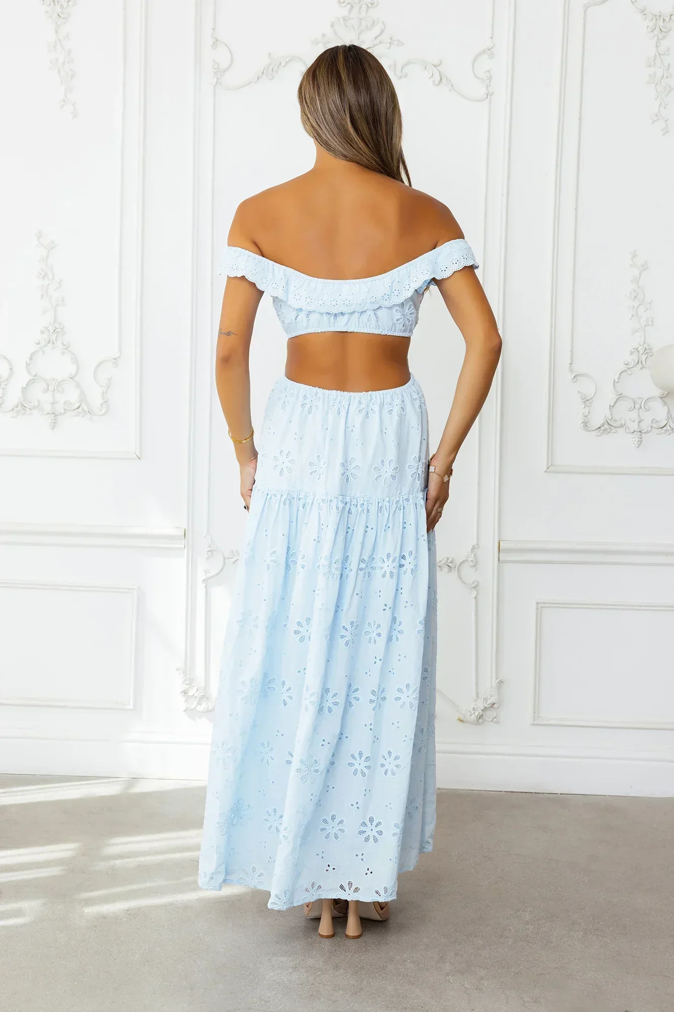 Secrets You Keep Off Shoulder Embroidered Maxi Dress