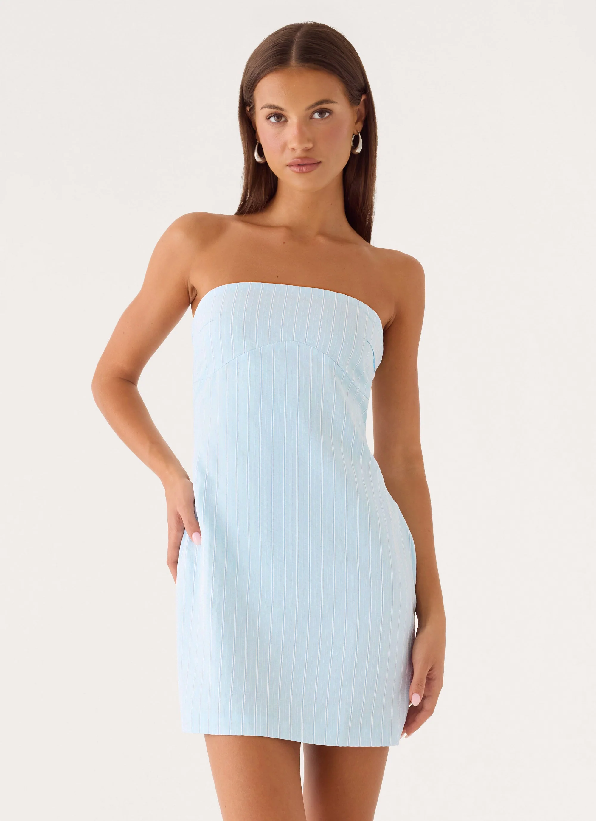 Reinna Cotton Strapless Mini Dress - Baby Blue Stripe - luluinthesky