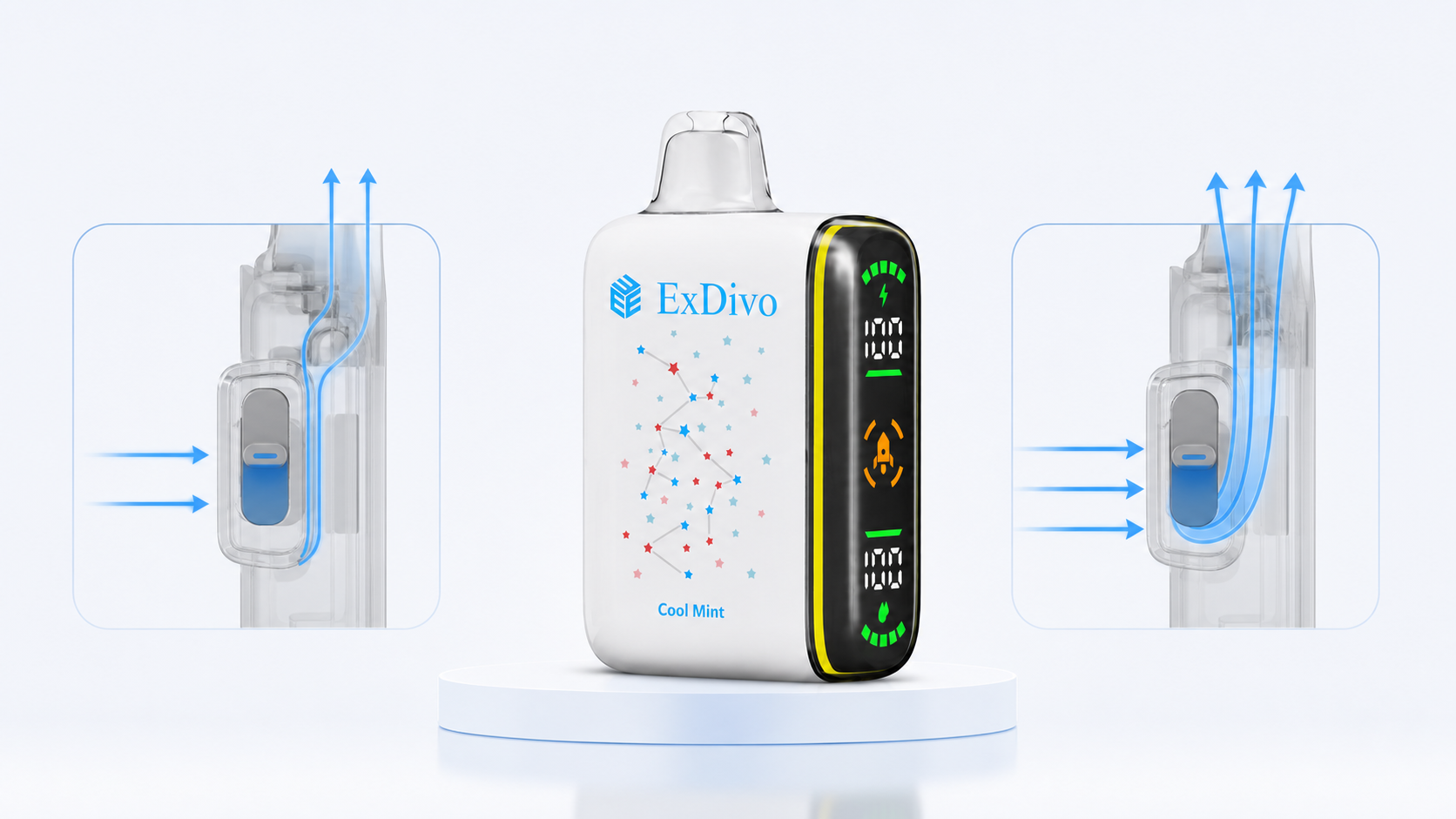 ExDivo INTERSTELLAR disposable vape with blue arrows illustrating adjustable airflow