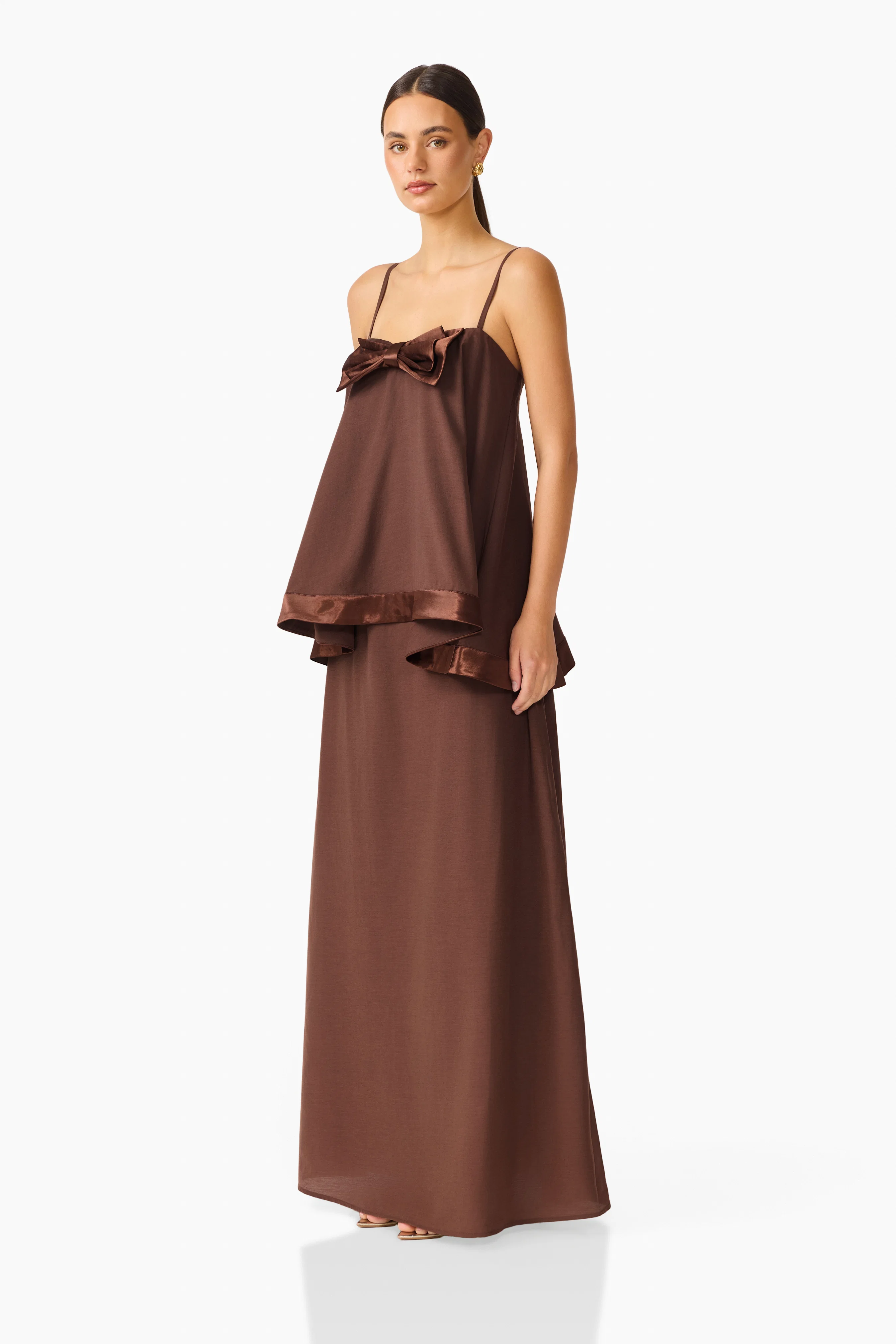 Rosera Satin Bow Maxi Dress in Chocolate Brown