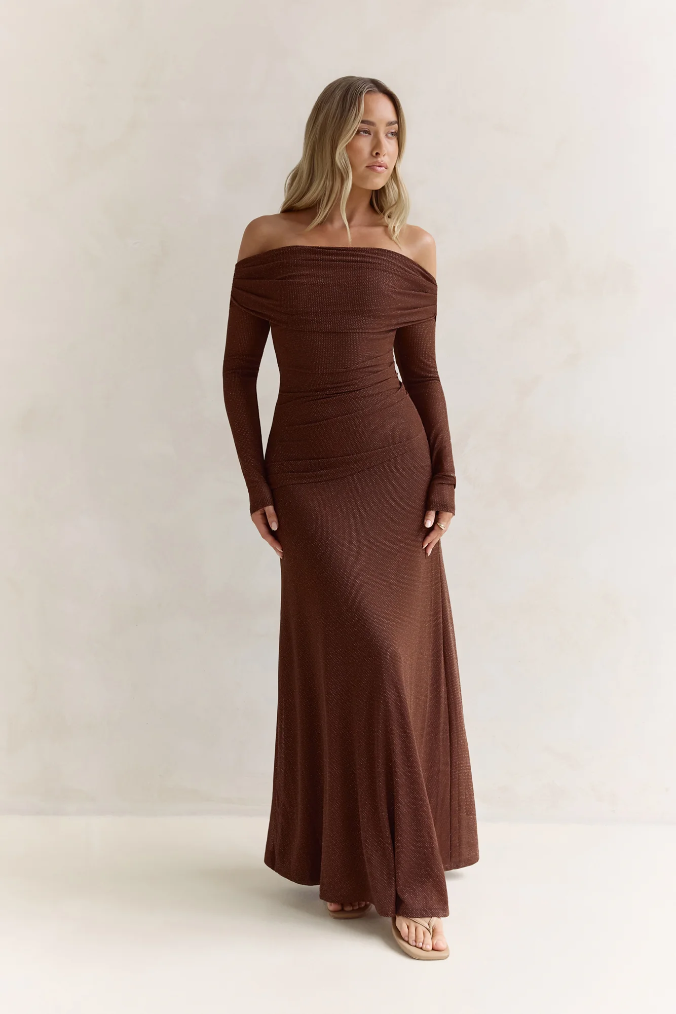 Carmelita Long Sleeve Off Shoulder Maxi Dress Brown