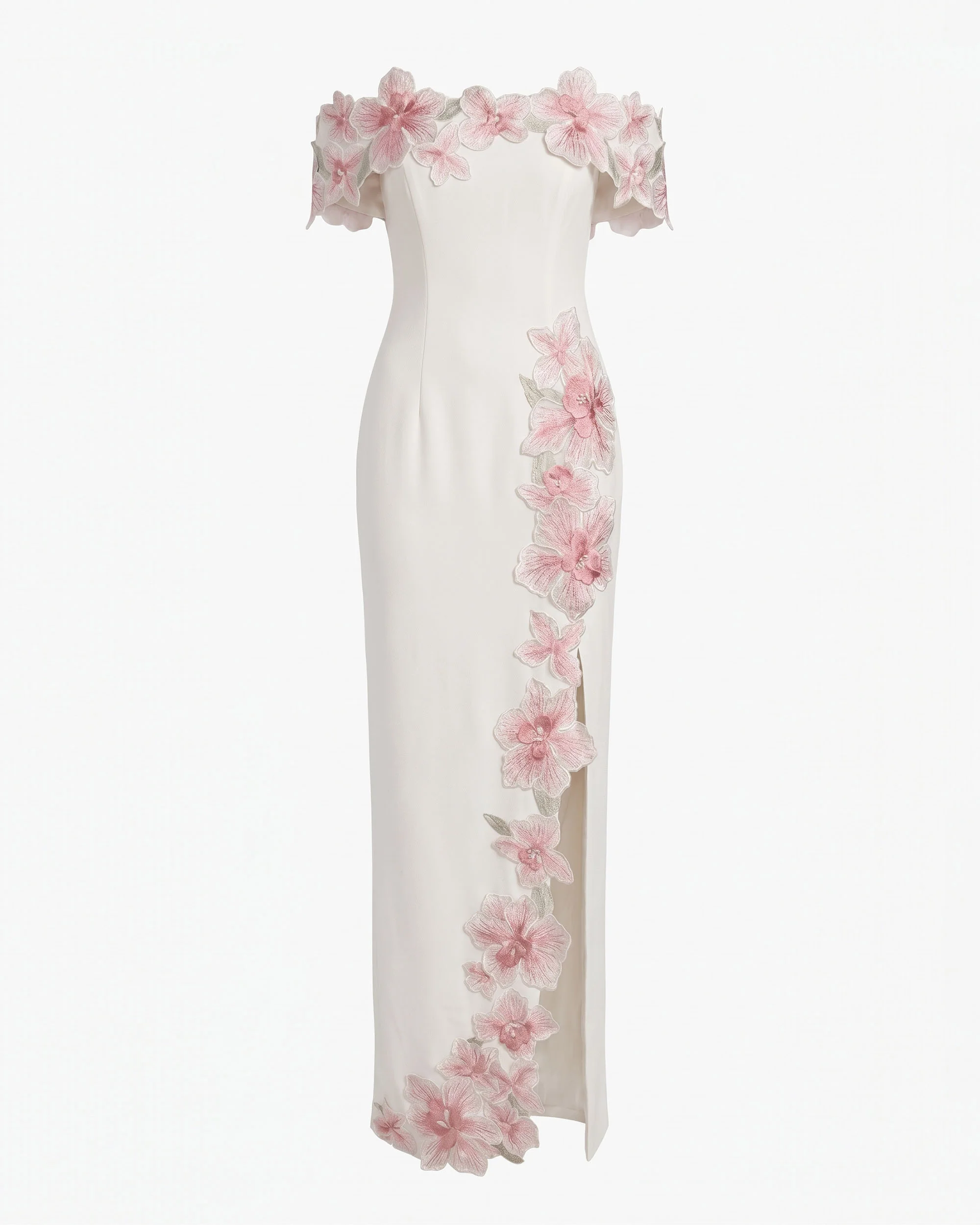 Flower Embroidered Off-Shoulder Maxi Dress - Ivory