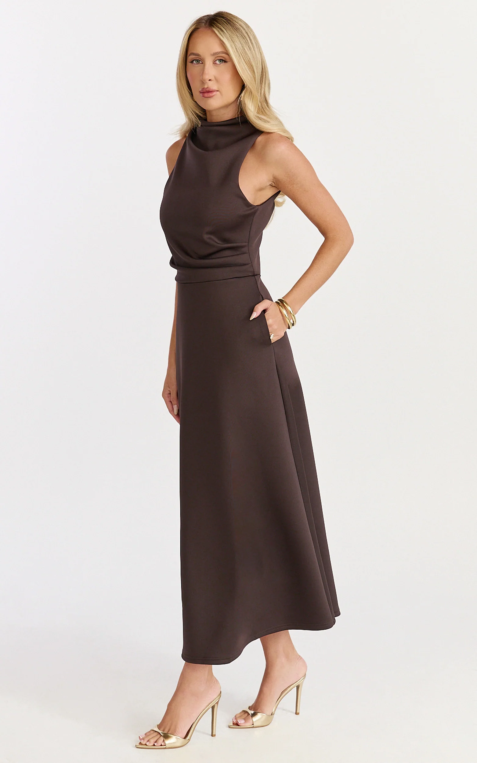 Macy Midi Dress - High Neck A Line Dress in Chocolate