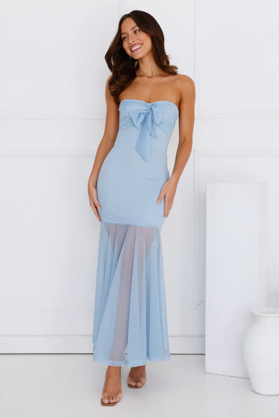 Misty Morning Magic Strapless Mesh Maxi Dress Blue