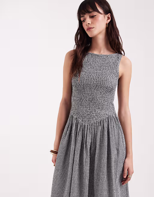 JJXX seersucker plaid midi dress in black