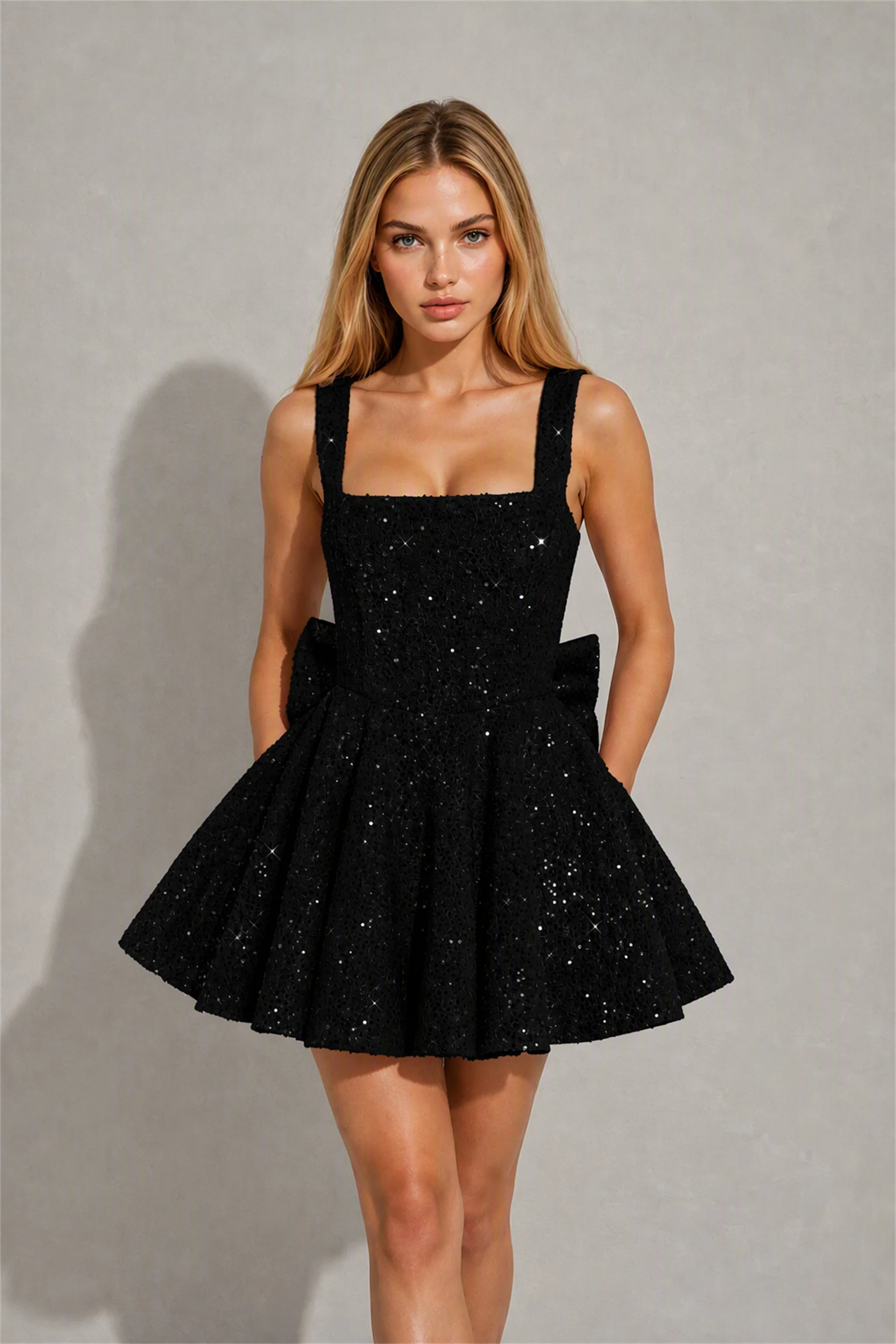 BOLODOO Black Sequin Square Neck Wide Strap Bow Waist Open Back Fit and Flare Mini Dress | Prom Birthday Party Dress