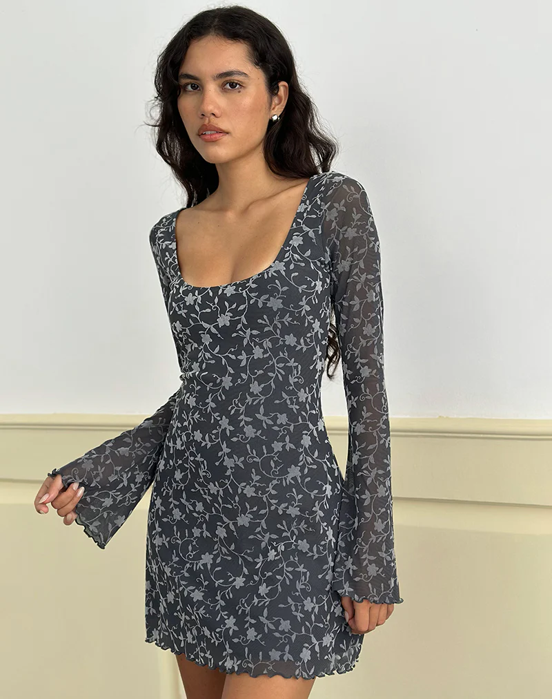 Bindara Mini Dress in Pretty Petal Flock Dark Grey
