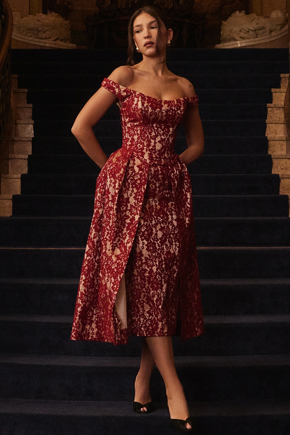 gold and berry lace midi off shoulder dress