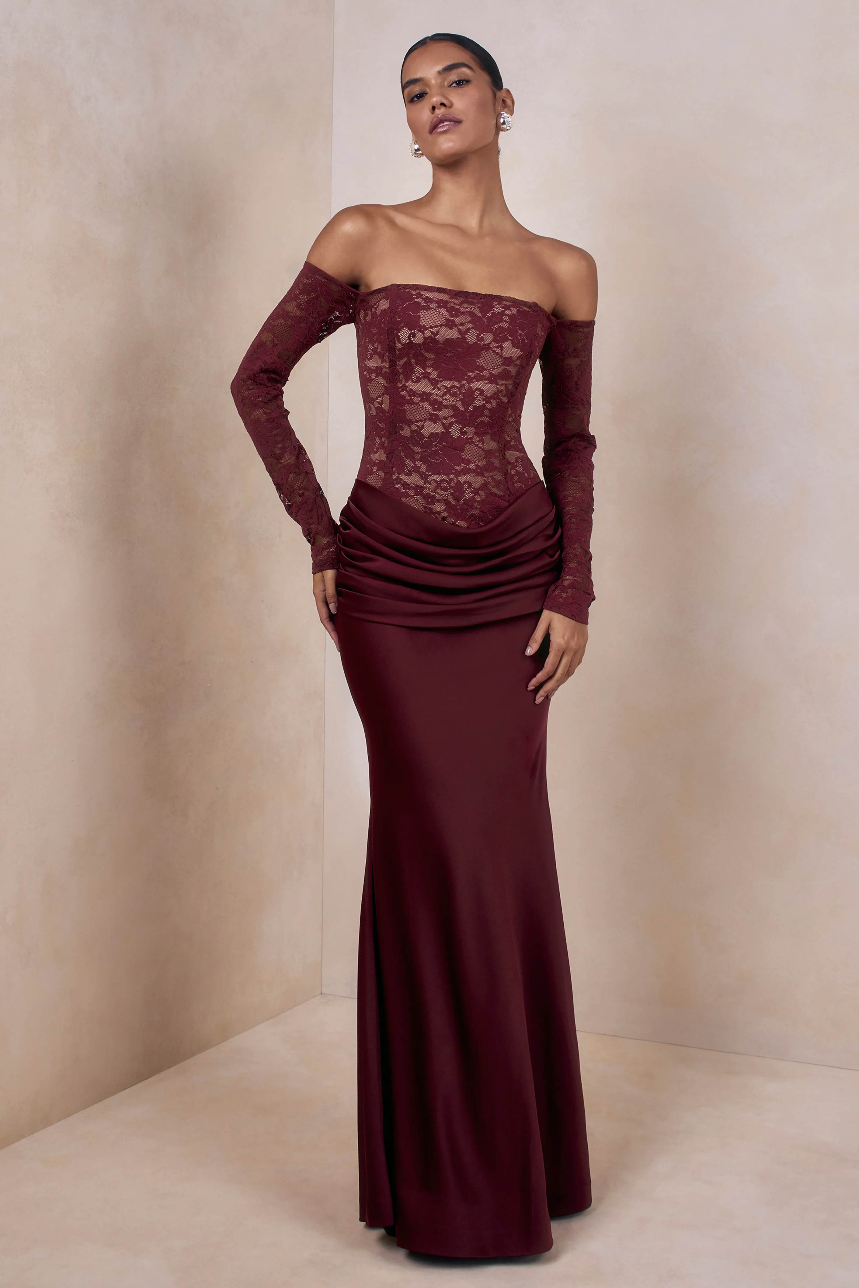 Rinna | Burgundy Lace Bardot-Neck Maxi Dress