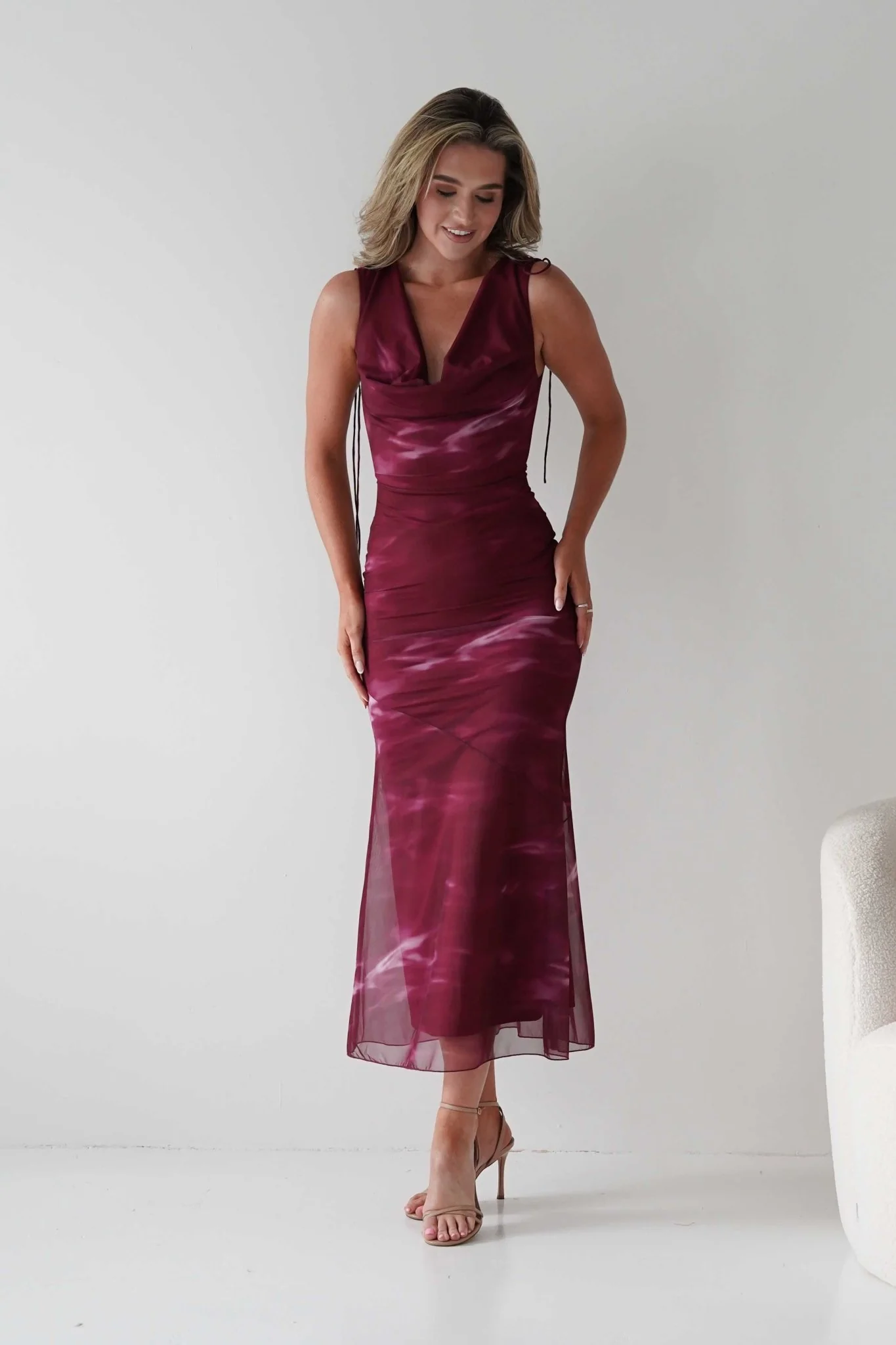 Drew Mesh Printed Maxi Dress | Wine Print