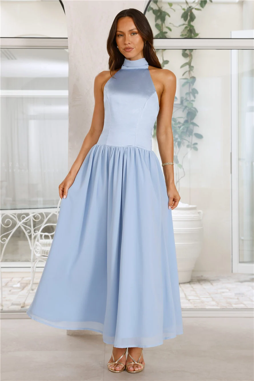 Lovely Magic Satin Halter Maxi Dress Blue