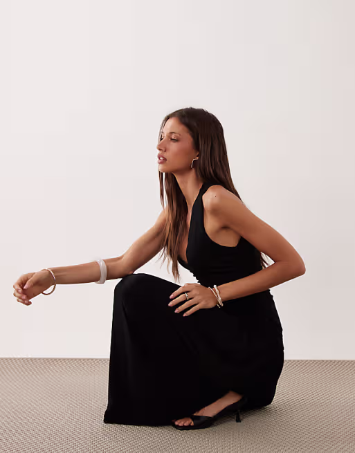 Mango v-neck ruched maxi dress in black
