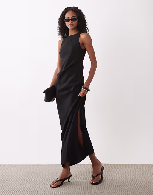 racer neck cupro tuck detail maxi dress in black