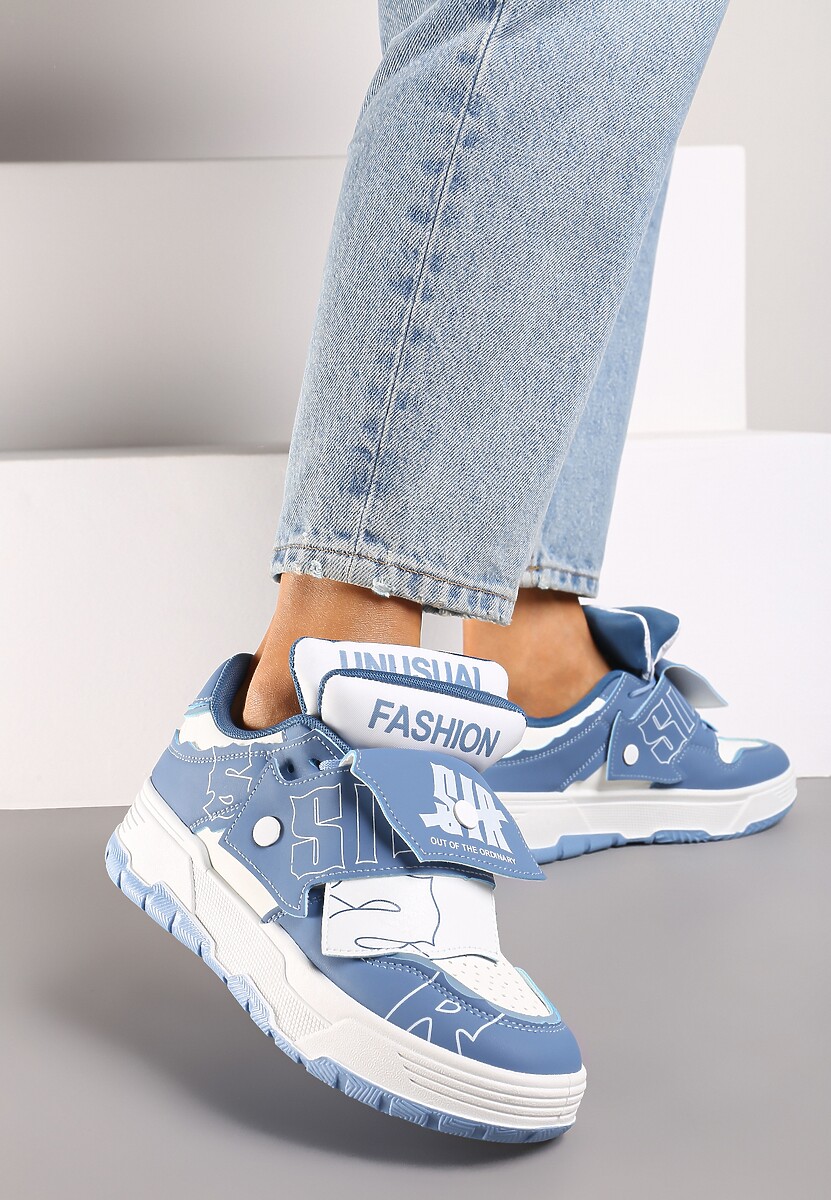 Niebieskie Sneakersy na Płaskiej Podeszwie Ozdobione Napisami Griefra