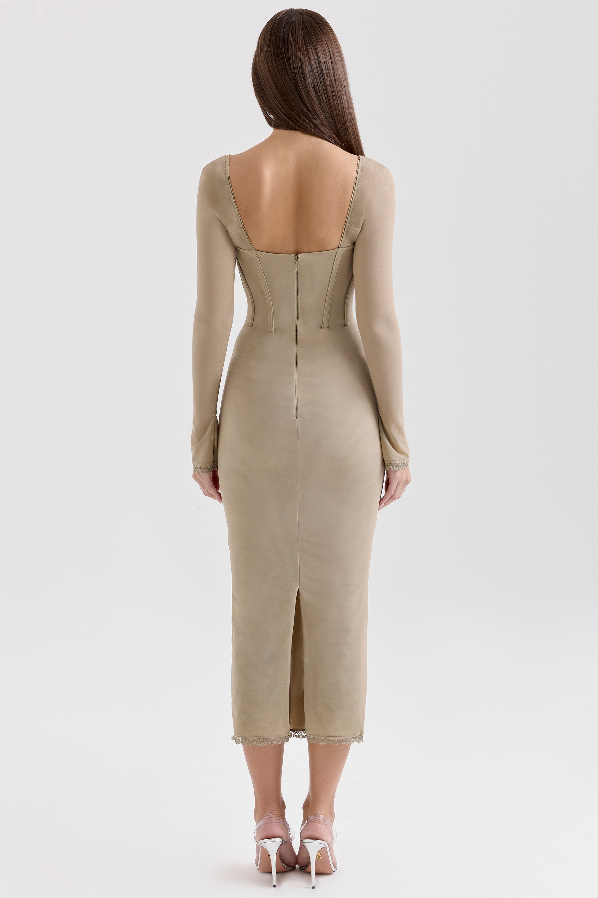 Beige Mesh Long Sleeve Bodycon Midi Dress