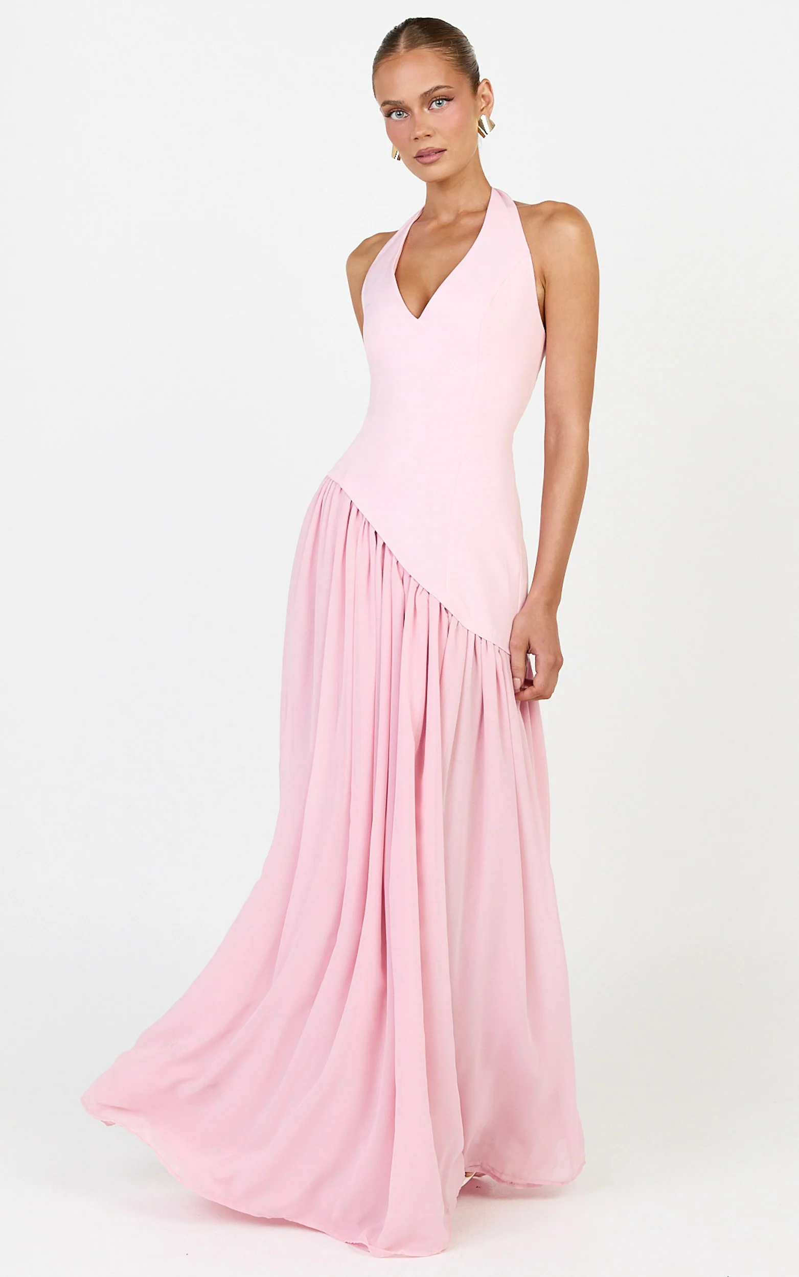 Calla Maxi Dress - Halter Neck Asymmetric Dropped Waist Dress in Pink