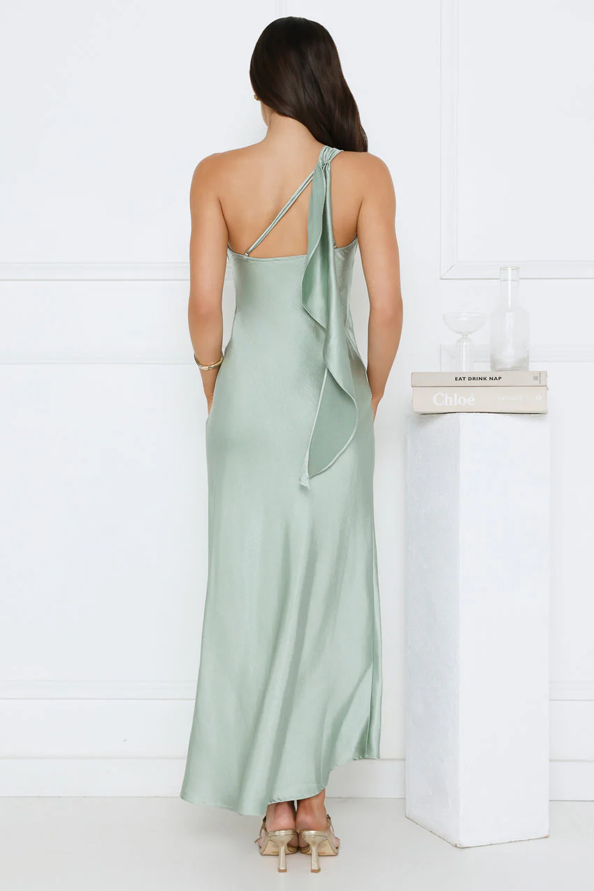 Romantic Tales Satin One Shoulder Maxi Dress Sage - luluinthesky