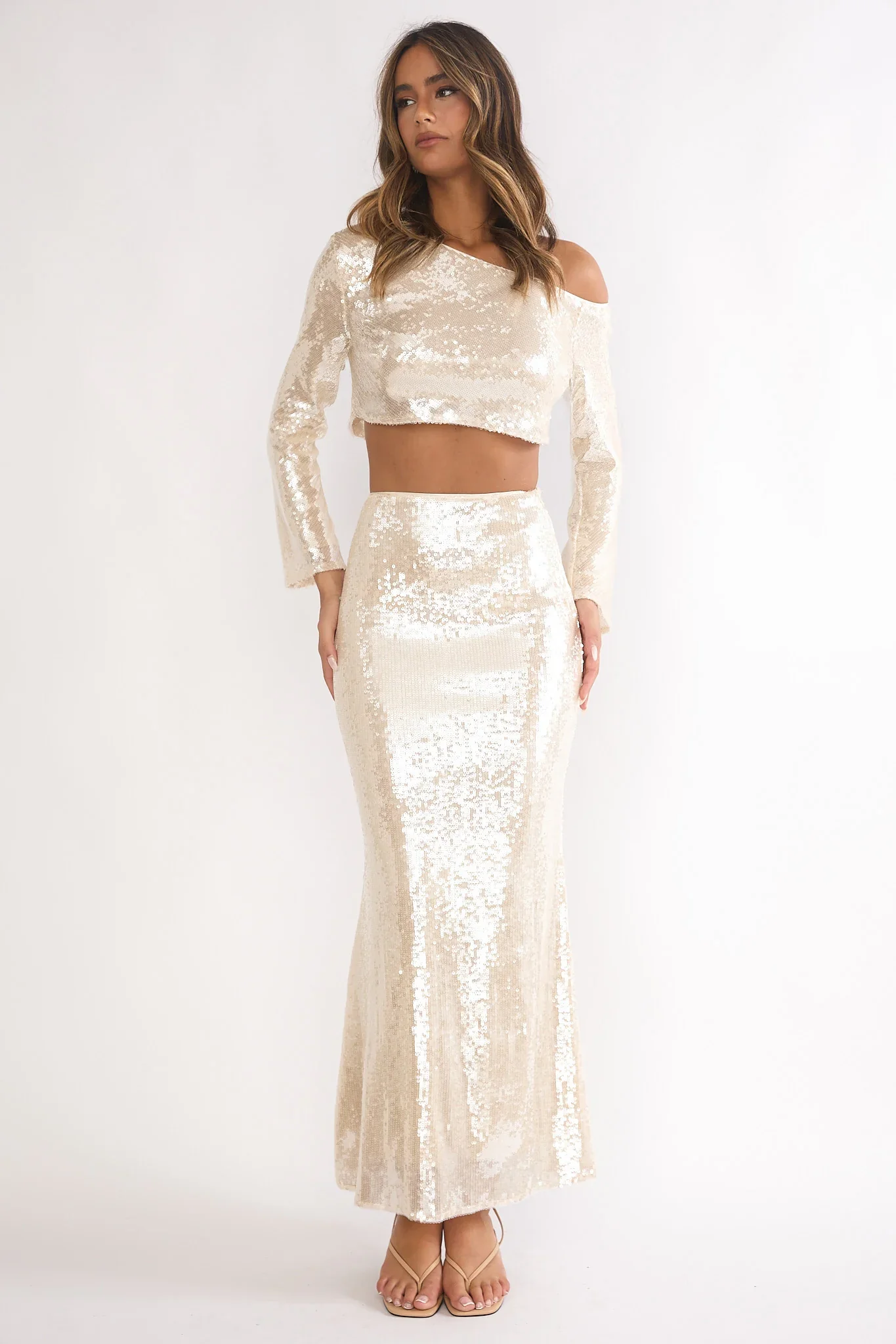 Crystalline Sequin Maxi Skirt Champagne