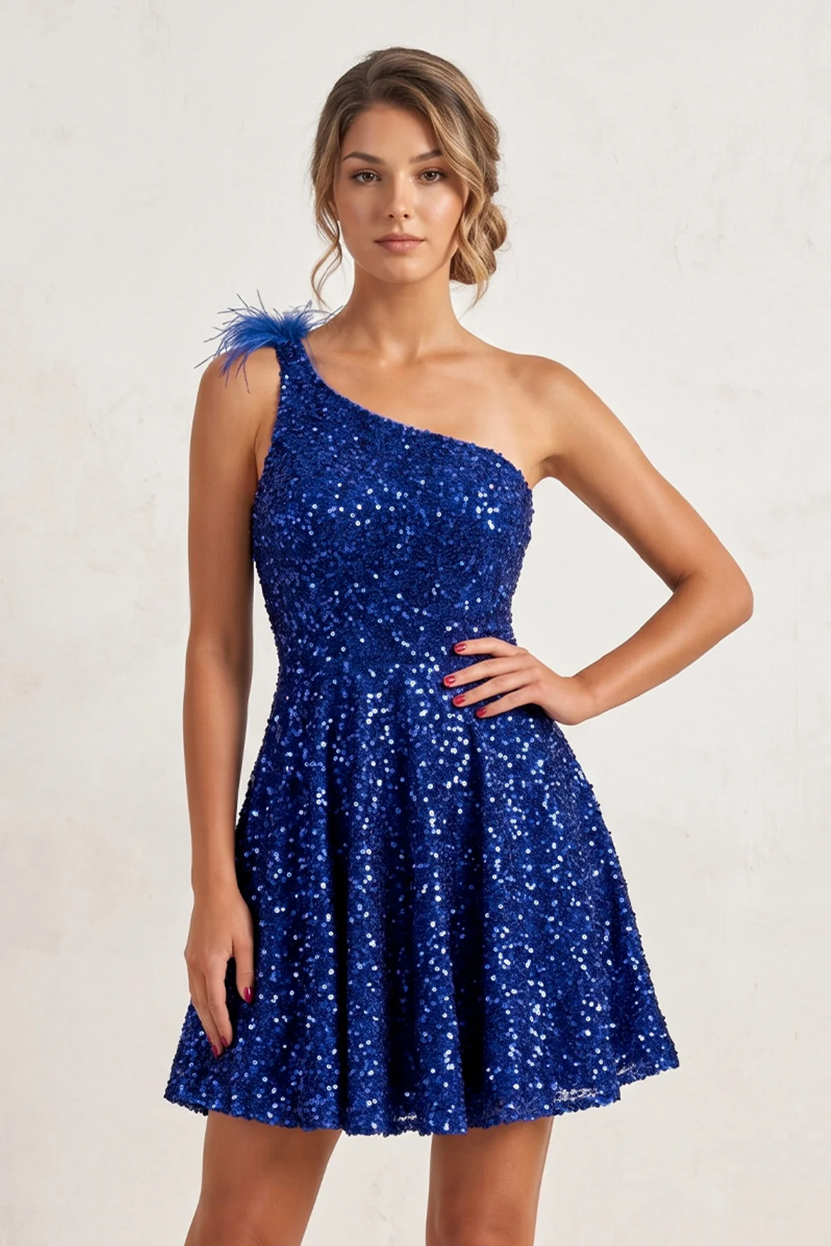 Royal Blue One Shoulder A Line Sequins Homecoming Dresses With Feathers
