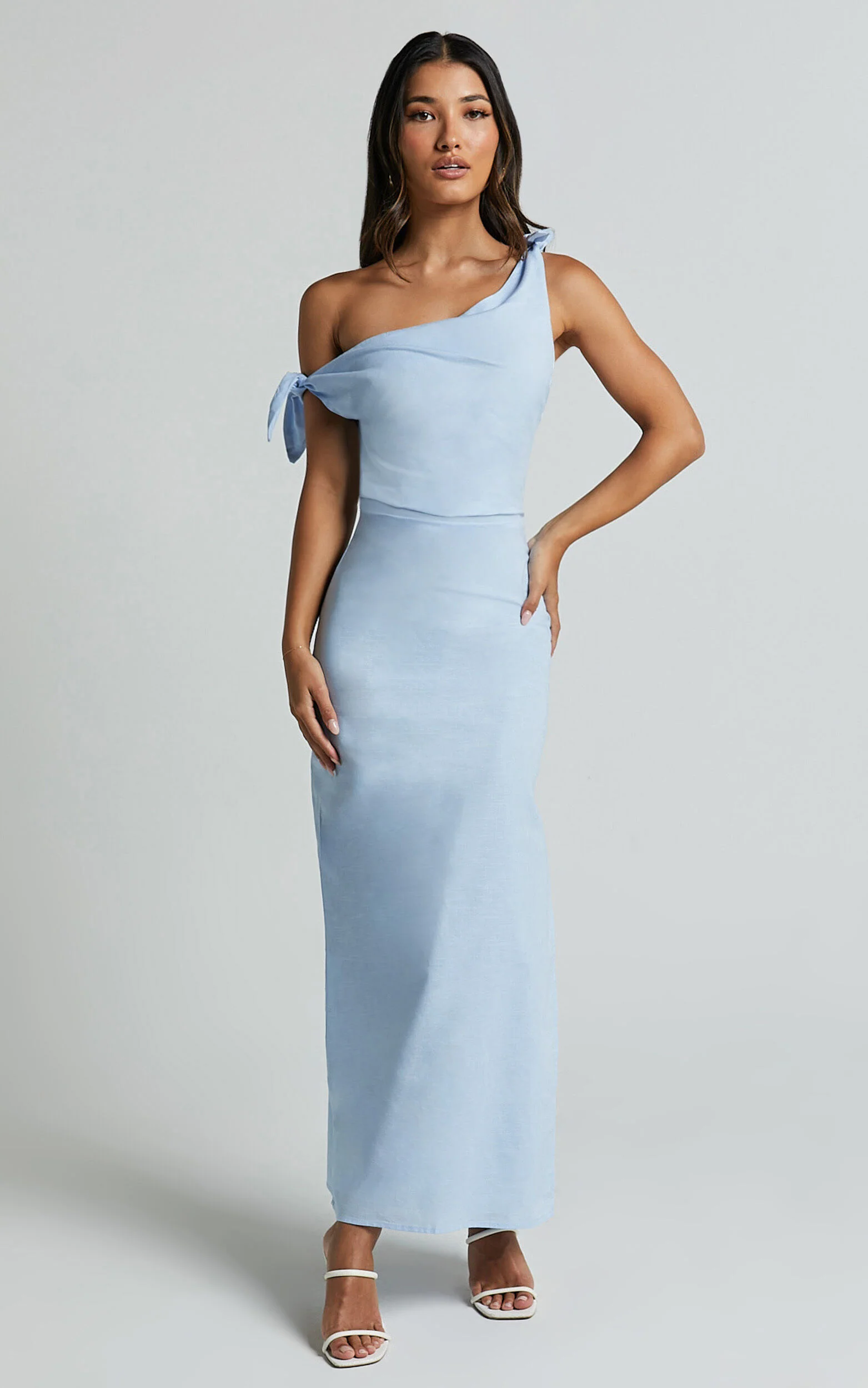Cincinnati Midi Dress - Off The Shoulder Side Split Column Linen Dress in Pale Blue