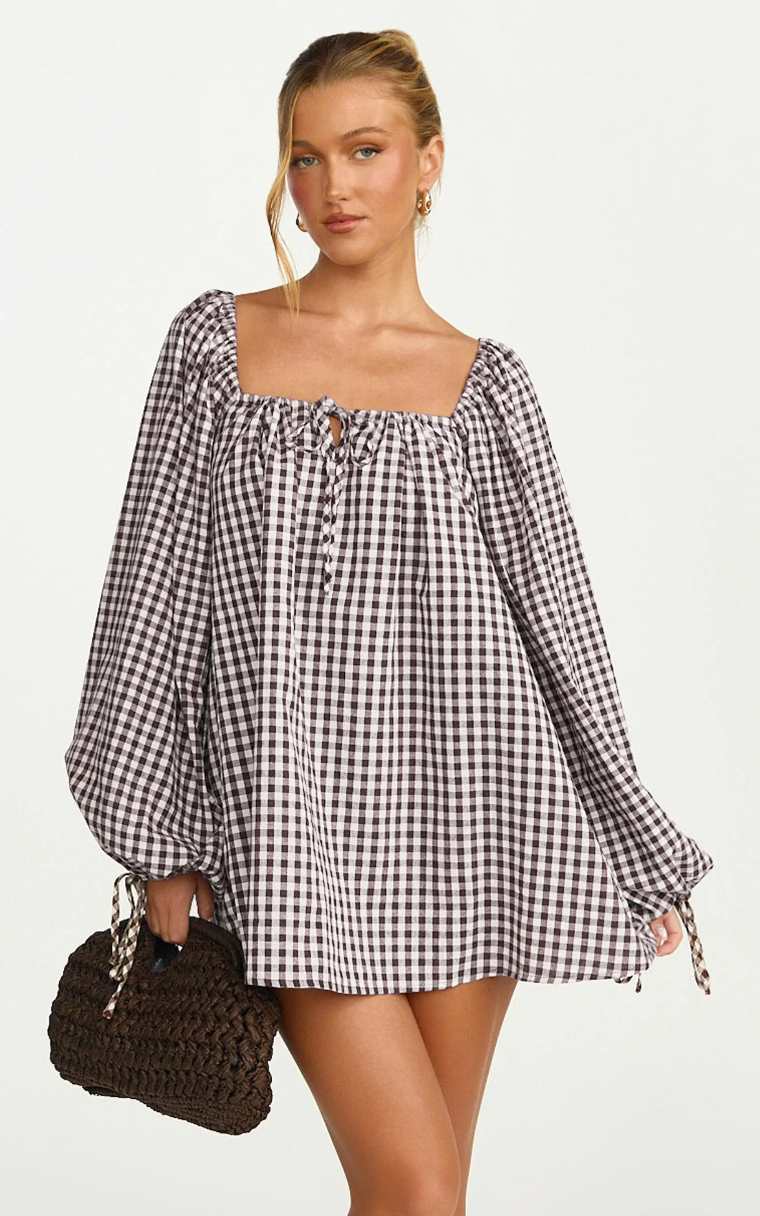 Brixton Mini Dress - Square Neck Smock Dress in Chocolate