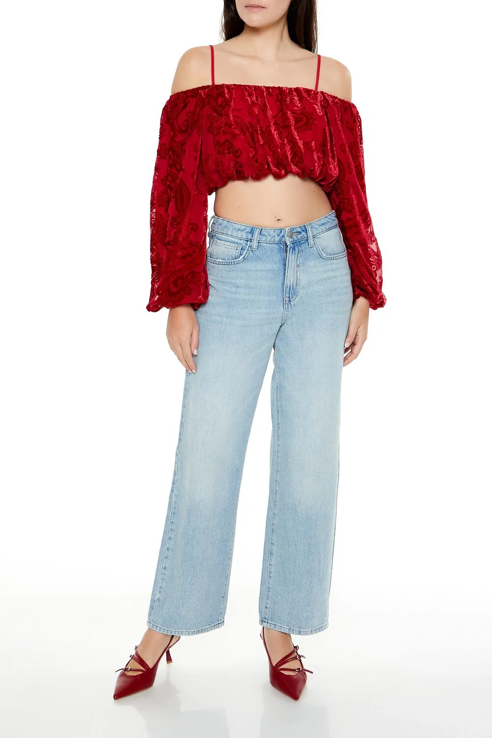 Paisley Open-Shoulder Crop Top