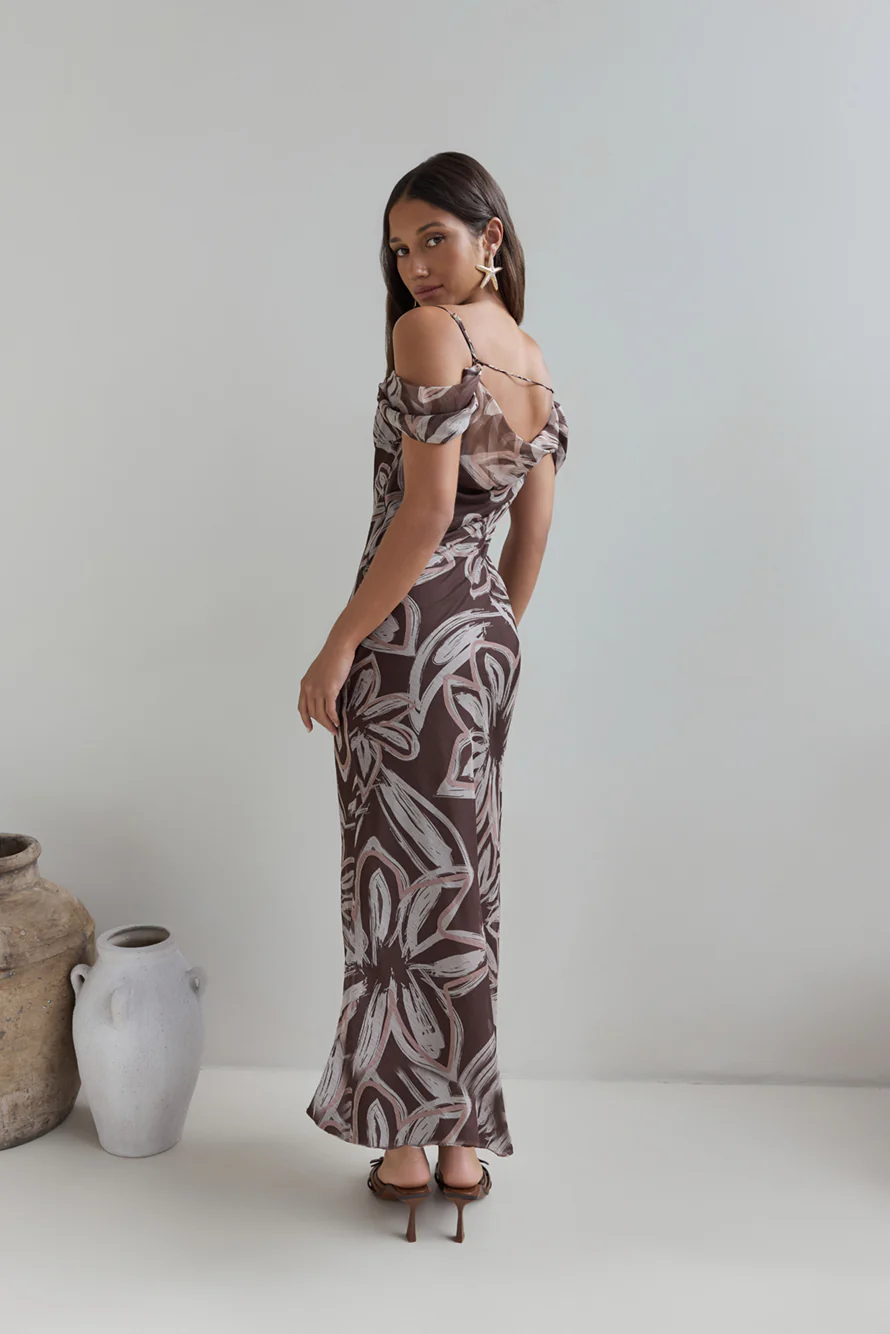 Desert Flower Off Shoulder Maxi Dress Brown