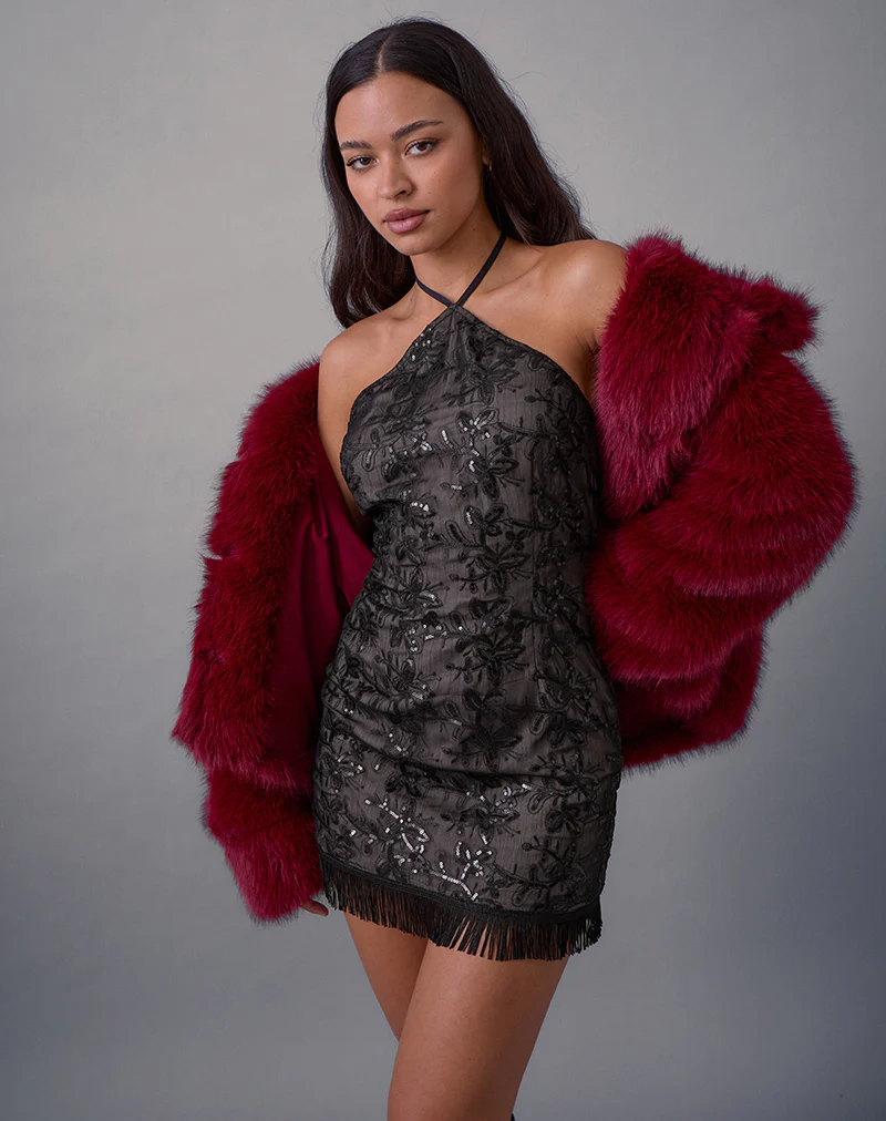 Soren Mini Dress in Floral Chiffon Sequin Black