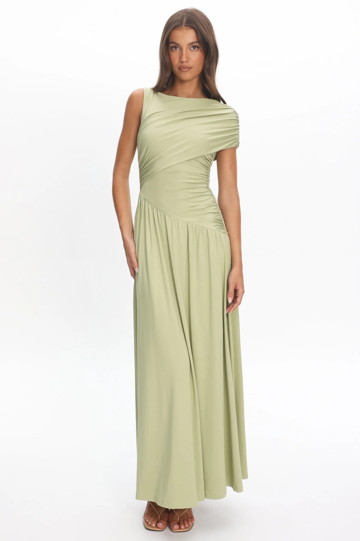 Adiel Ruched Asymmetric Waist Maxi Dress Olive