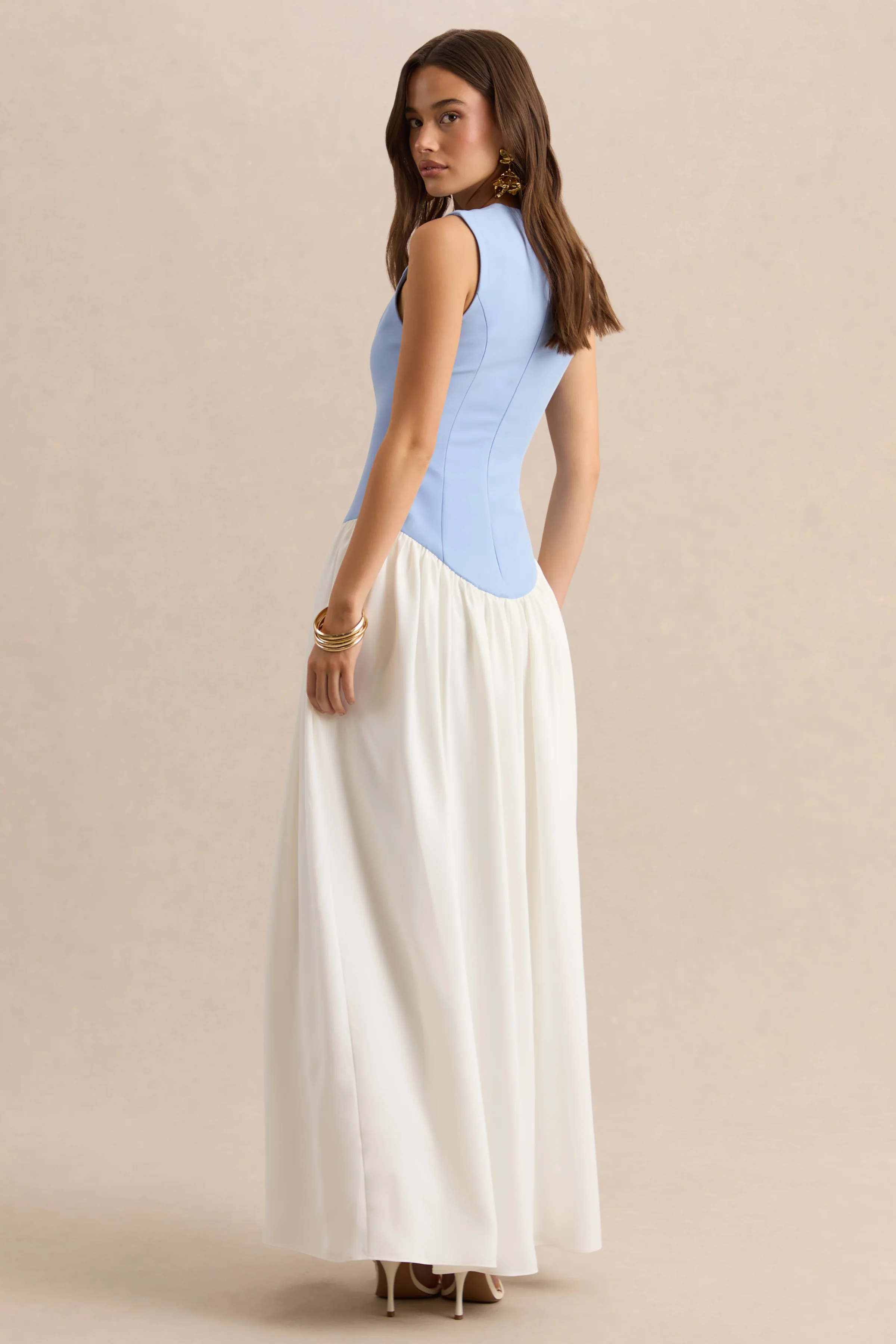 Iliana | Powder Blue And White Crew-Neck Maxi Dress With Drop-Waist And Pleated Skirt
