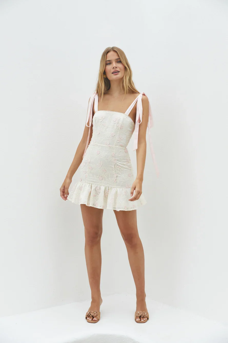 Blossom Embellish Mini Dress Cream