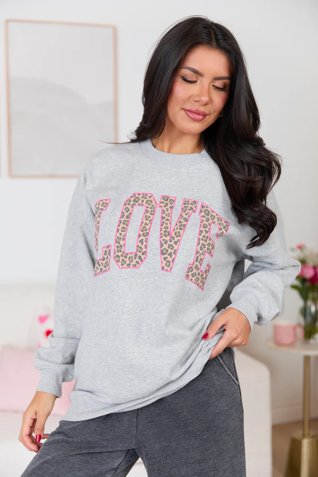 Love Block Leopard Light Grey Graphic Sweatshirt