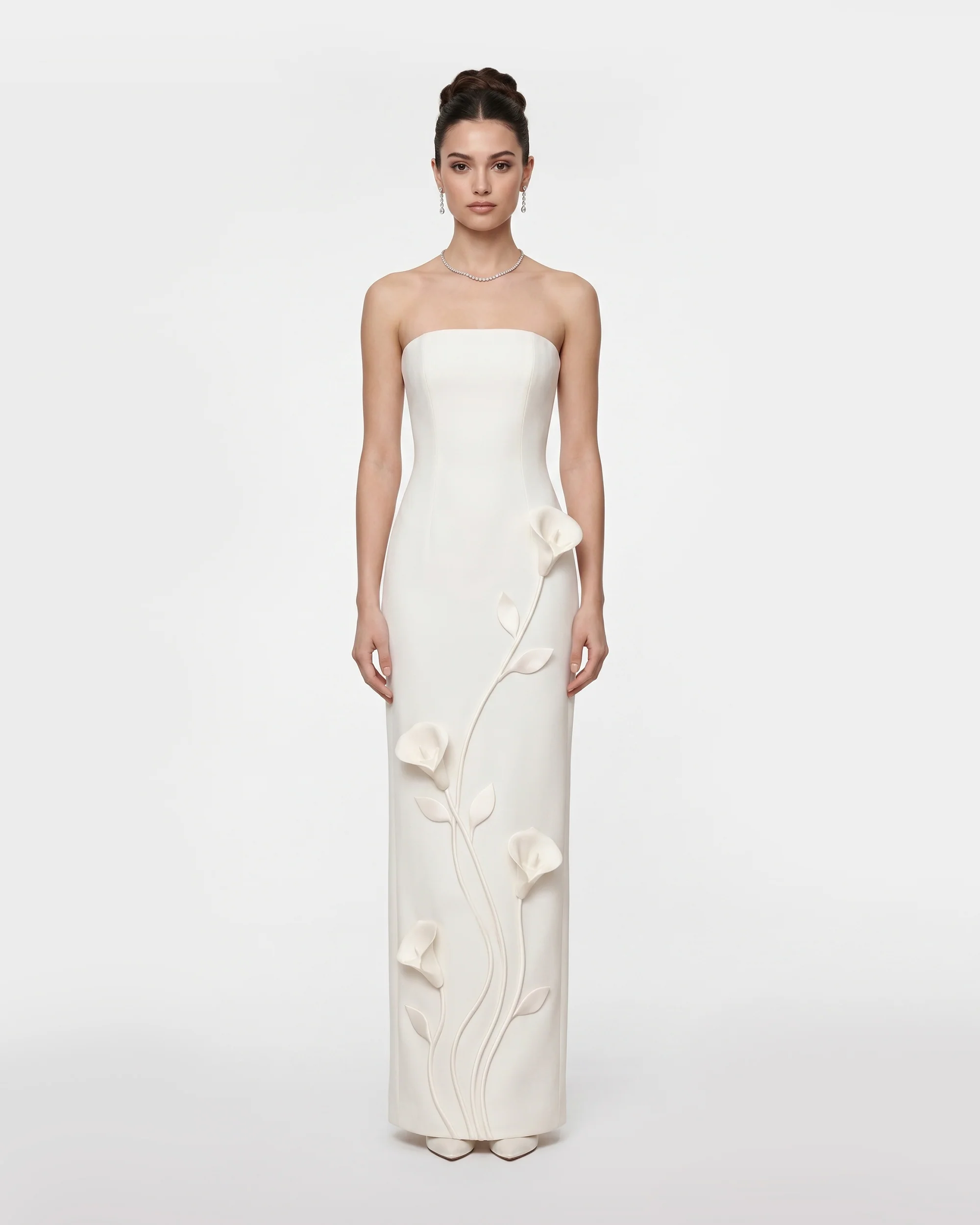 Floral Appliqué Strapless Column Dress - White